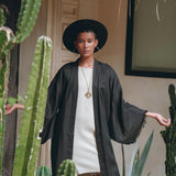 Boho Cover Up • Wide Sleeve Bohemian Cardigan • Black Linen Kimono Robe - AYA SW IDR