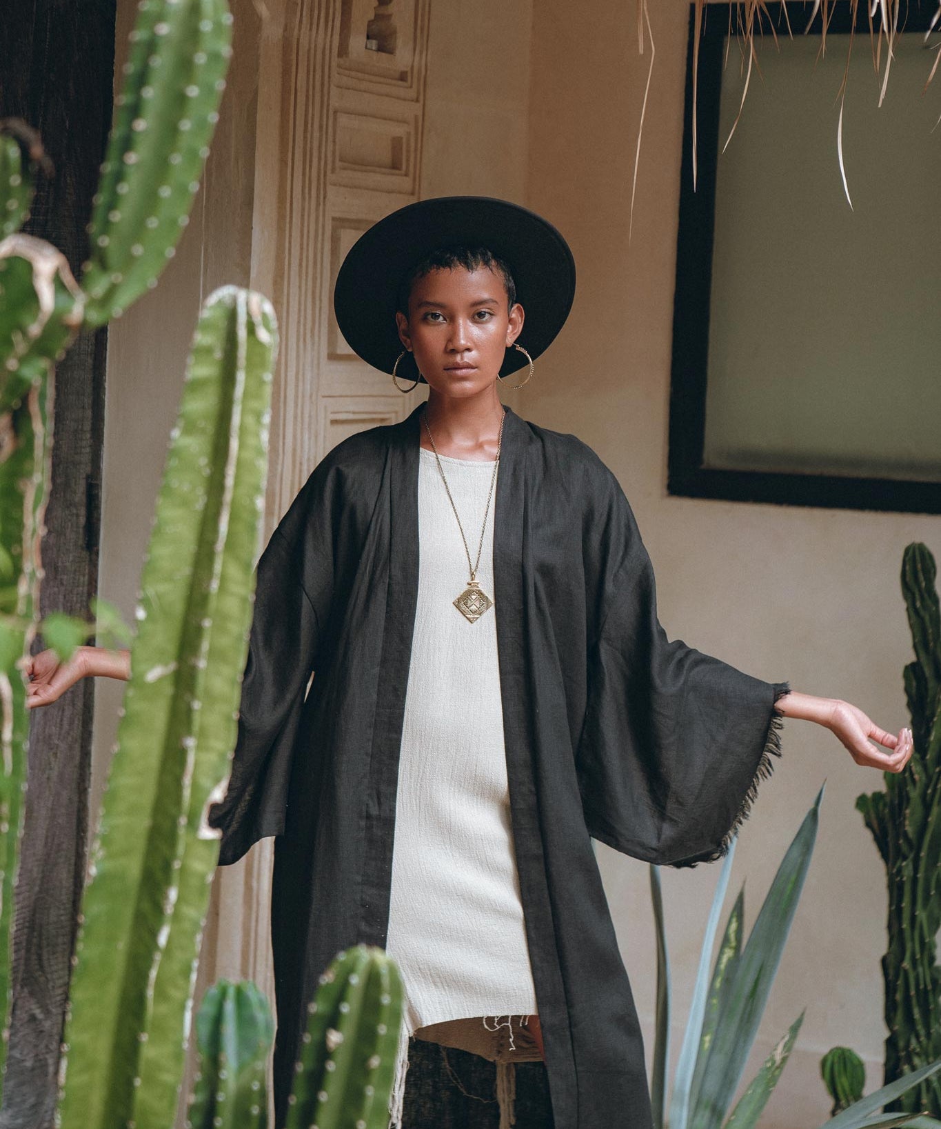 Boho Cover Up • Wide Sleeve Bohemian Cardigan • Black Linen Kimono Robe - AYA SW IDR