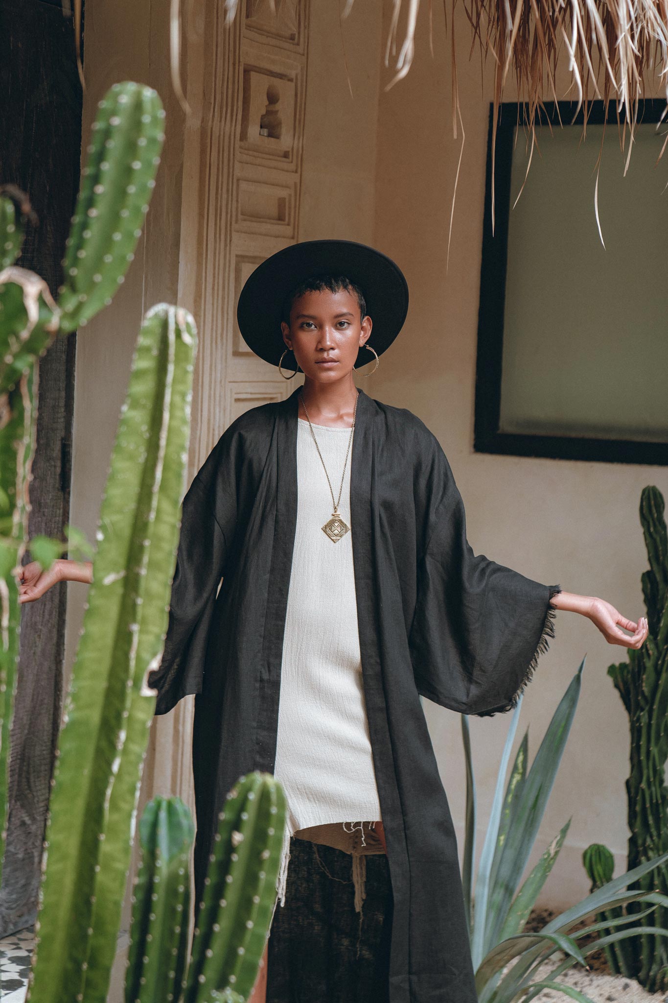 Boho Cover Up • Wide Sleeve Bohemian Cardigan • Black Linen Kimono Robe - AYA SW IDR