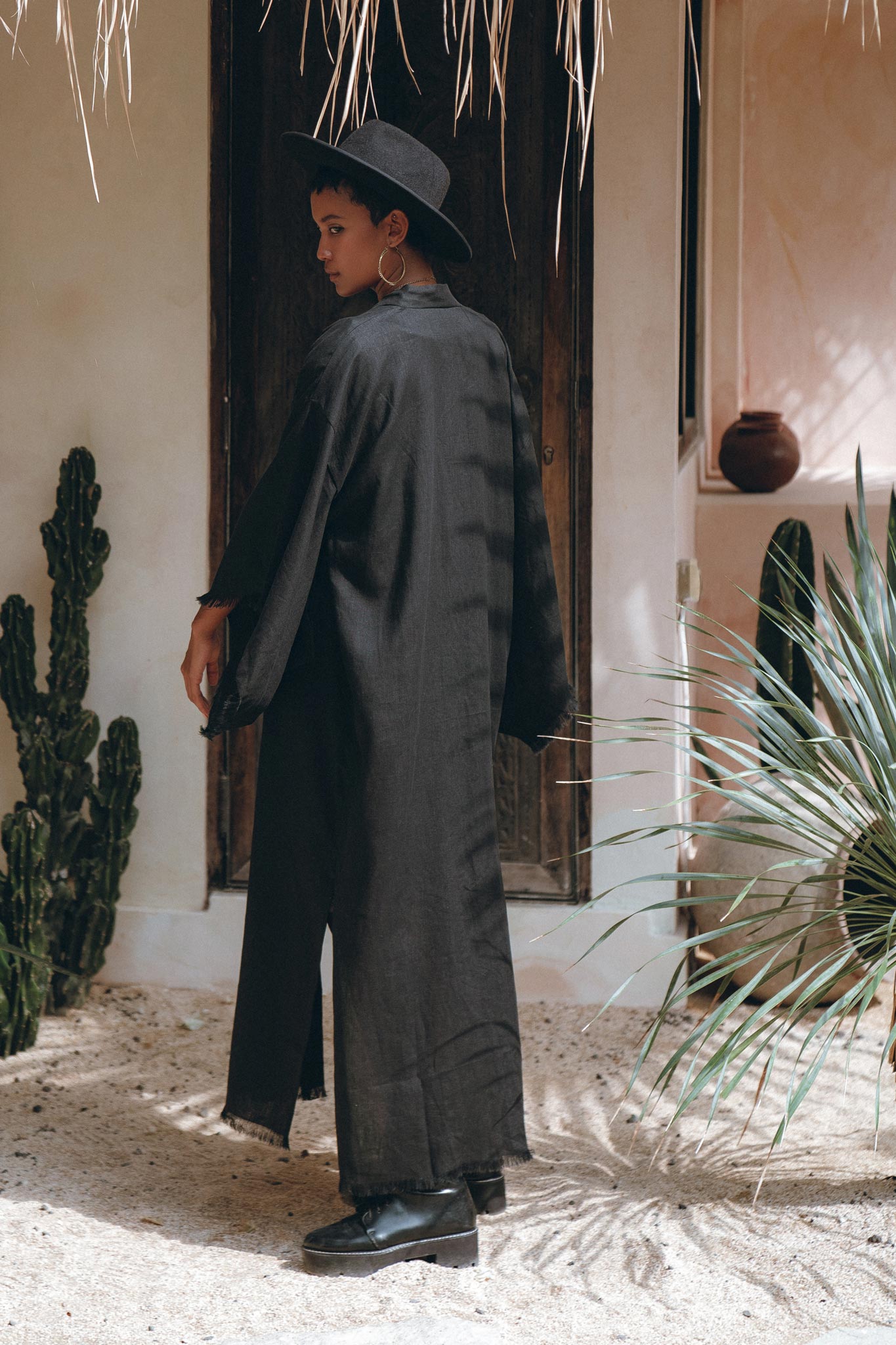 Boho Cover Up • Wide Sleeve Bohemian Cardigan • Black Linen Kimono Robe - AYA SW IDR