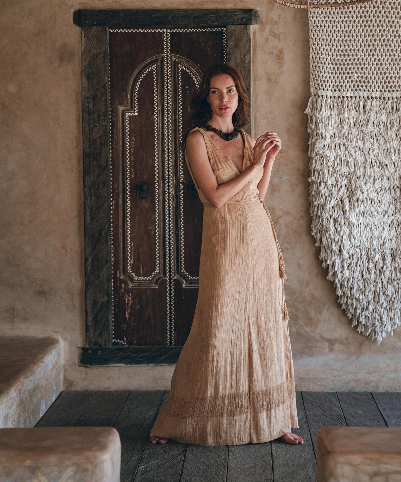 Boho Dress for Woman • Long Maxi Bohemian Dress • Beige Sandal Organic Dress - AYA SW IDR