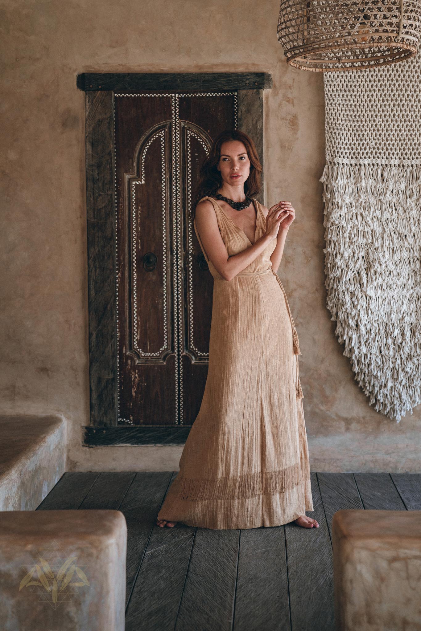 Boho Dress for Woman • Long Maxi Bohemian Dress • Beige Sandal Organic Dress - AYA SW IDR