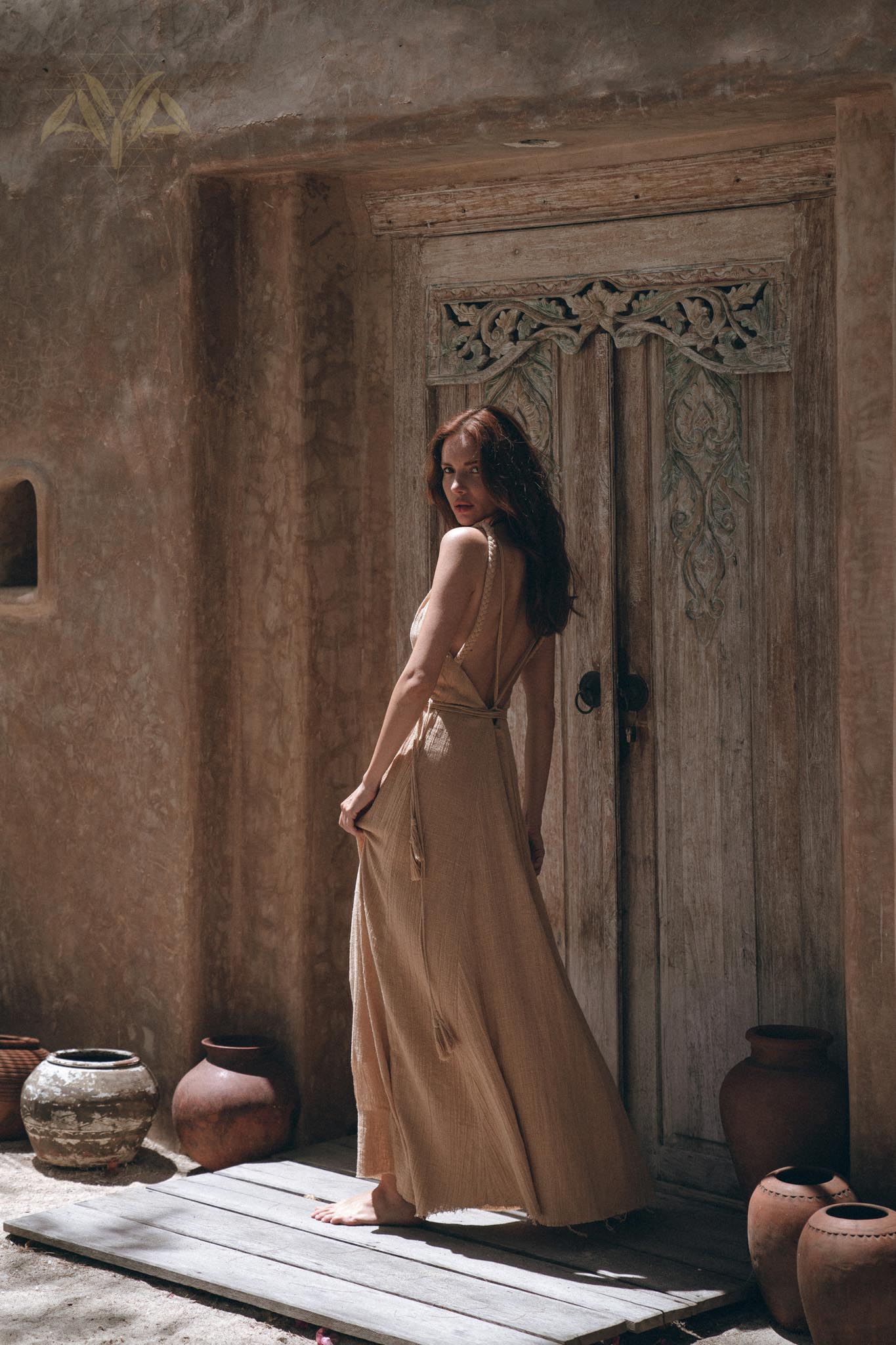 Boho Dress for Woman • Long Maxi Bohemian Dress • Beige Sandal Organic Dress - AYA SW IDR
