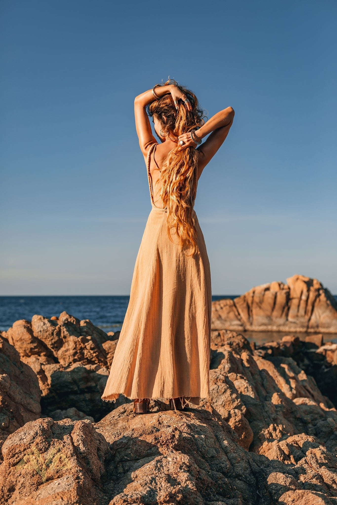 Boho Dress for Woman • Long Maxi Bohemian Dress • Beige Sandal Organic Dress - AYA SW IDR