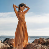 Boho Dress for Woman • Long Maxi Bohemian Dress • Beige Sandal Organic Dress - AYA SW IDR