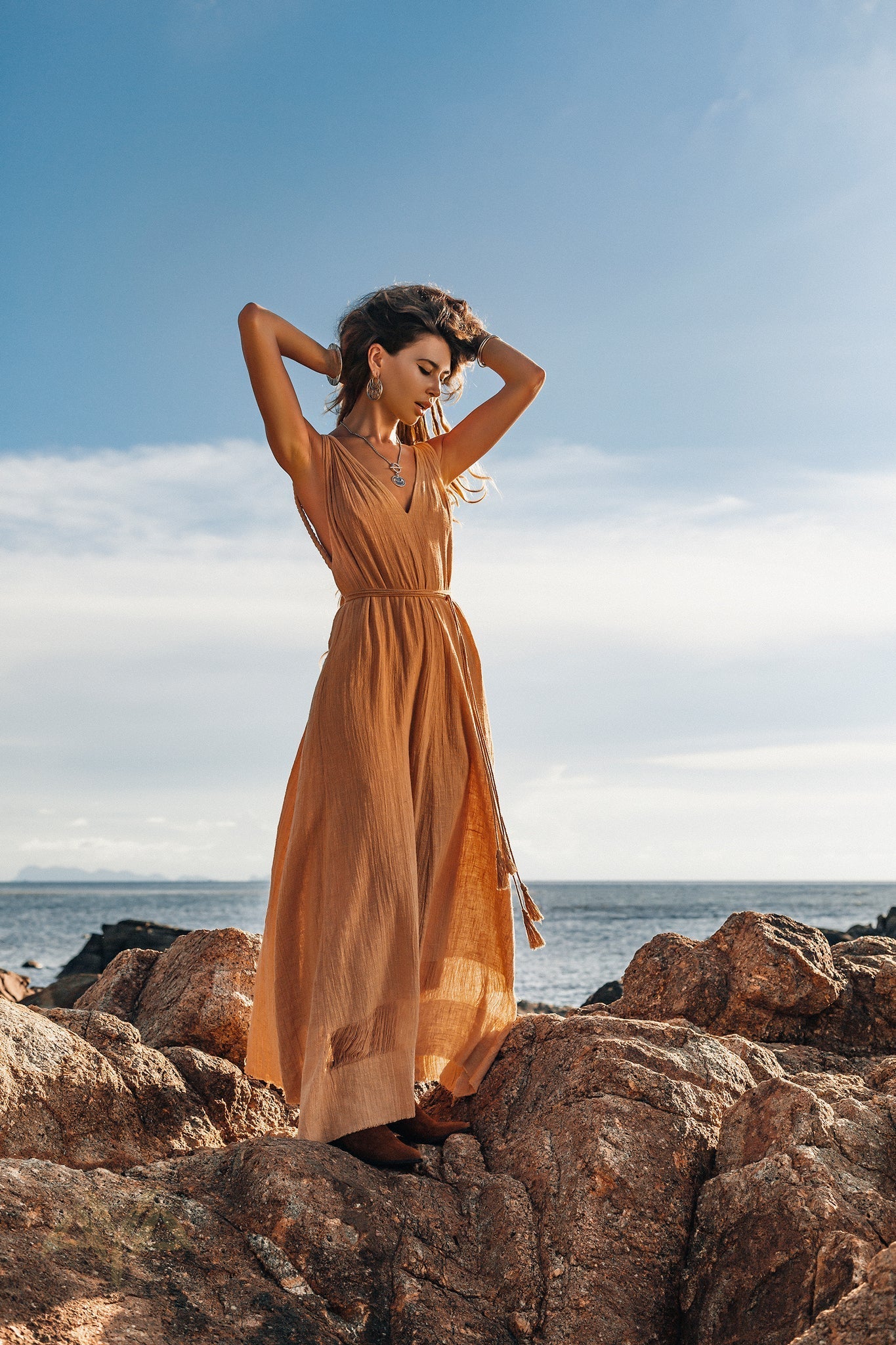 Boho Dress for Woman • Long Maxi Bohemian Dress • Beige Sandal Organic Dress - AYA SW IDR