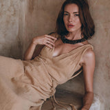 Boho Dress for Woman • Long Maxi Bohemian Dress • Beige Sandal Organic Dress - AYA SW IDR