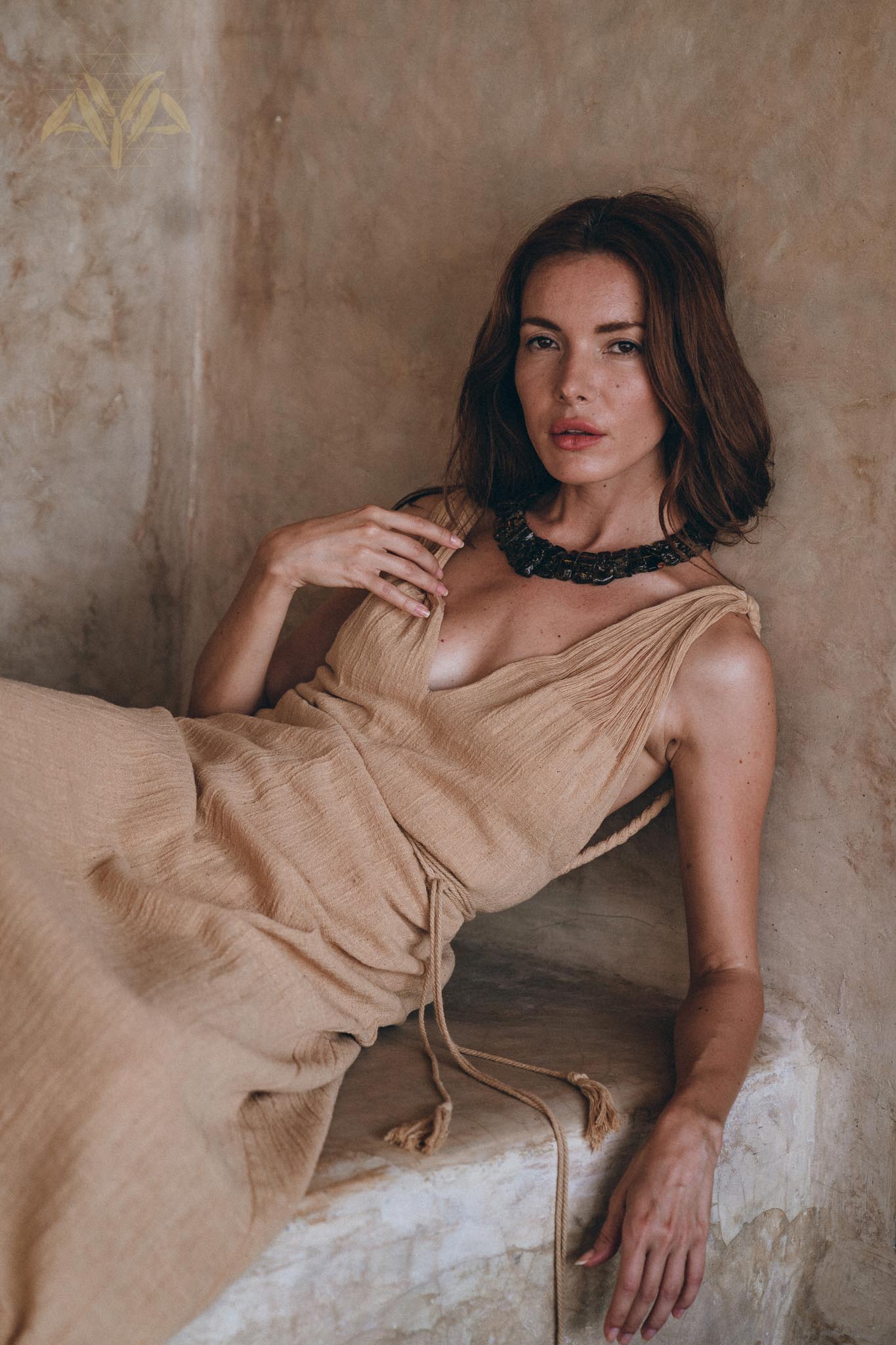 Boho Dress for Woman • Long Maxi Bohemian Dress • Beige Sandal Organic Dress - AYA SW IDR