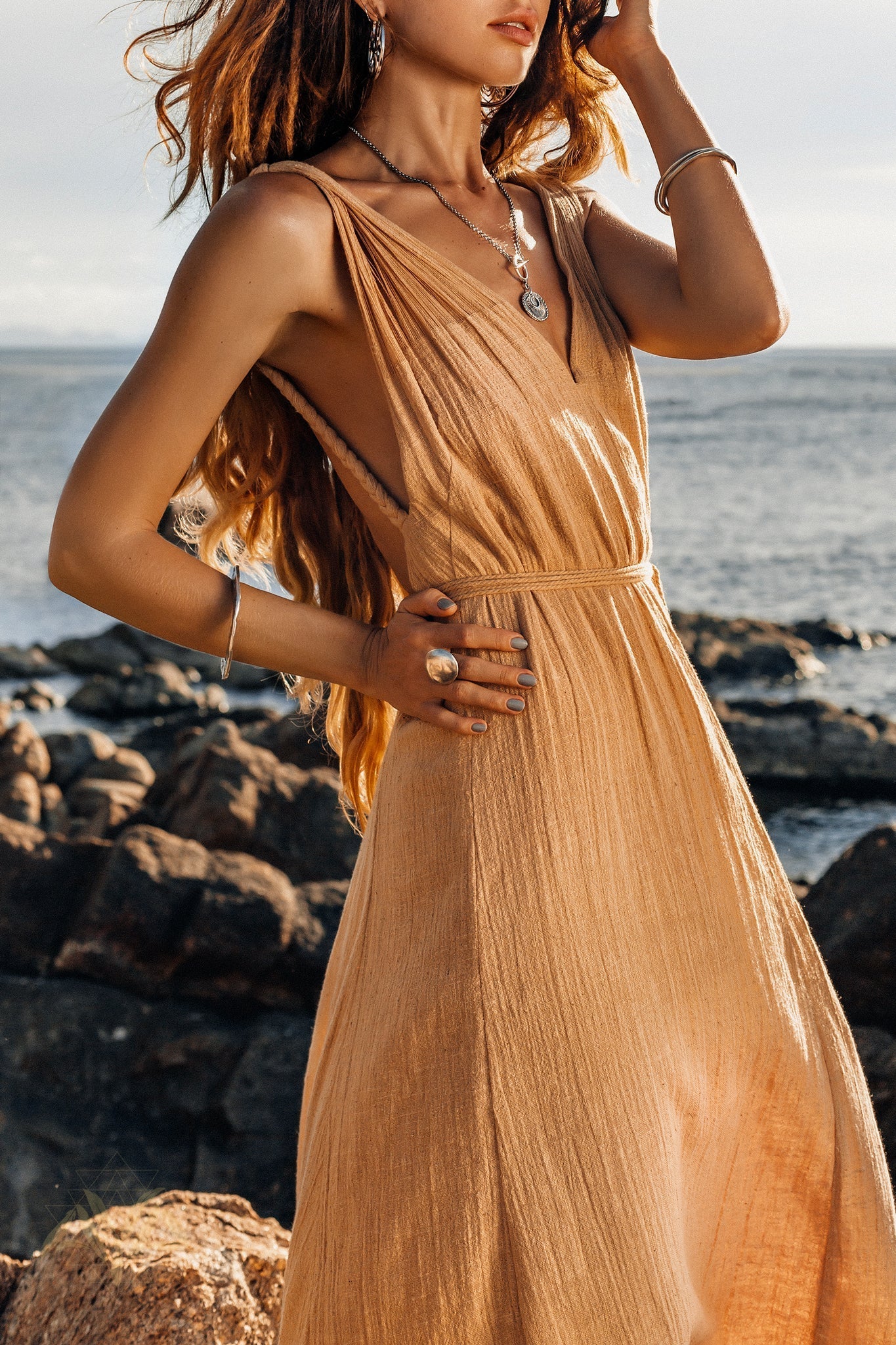 Boho Dress for Woman • Long Maxi Bohemian Dress • Beige Sandal Organic Dress - AYA SW IDR