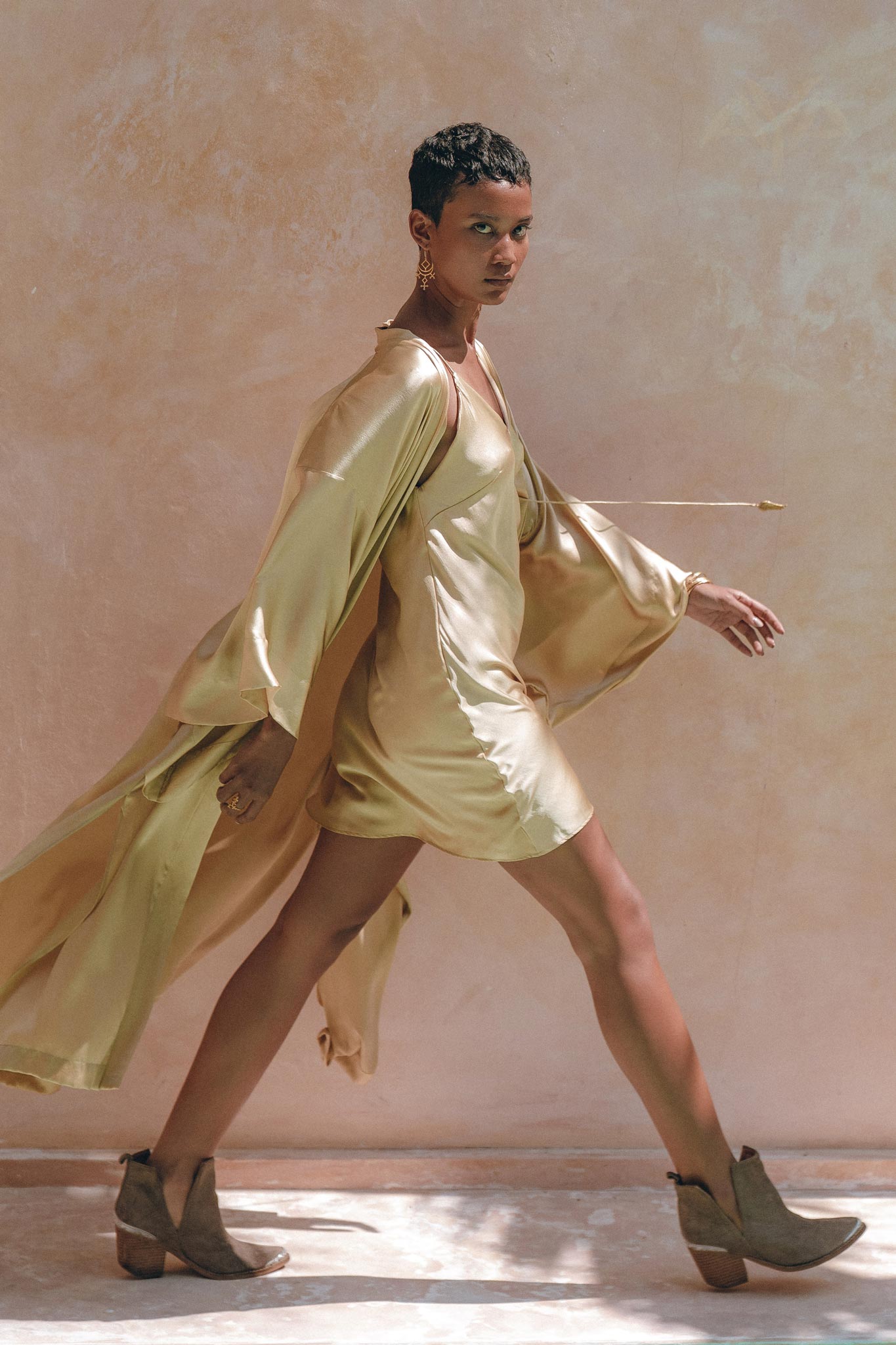 Boho Golden Silk Kimono Cover Up • Wide Sleeve Bohemian Cardigan - AYA SW IDR