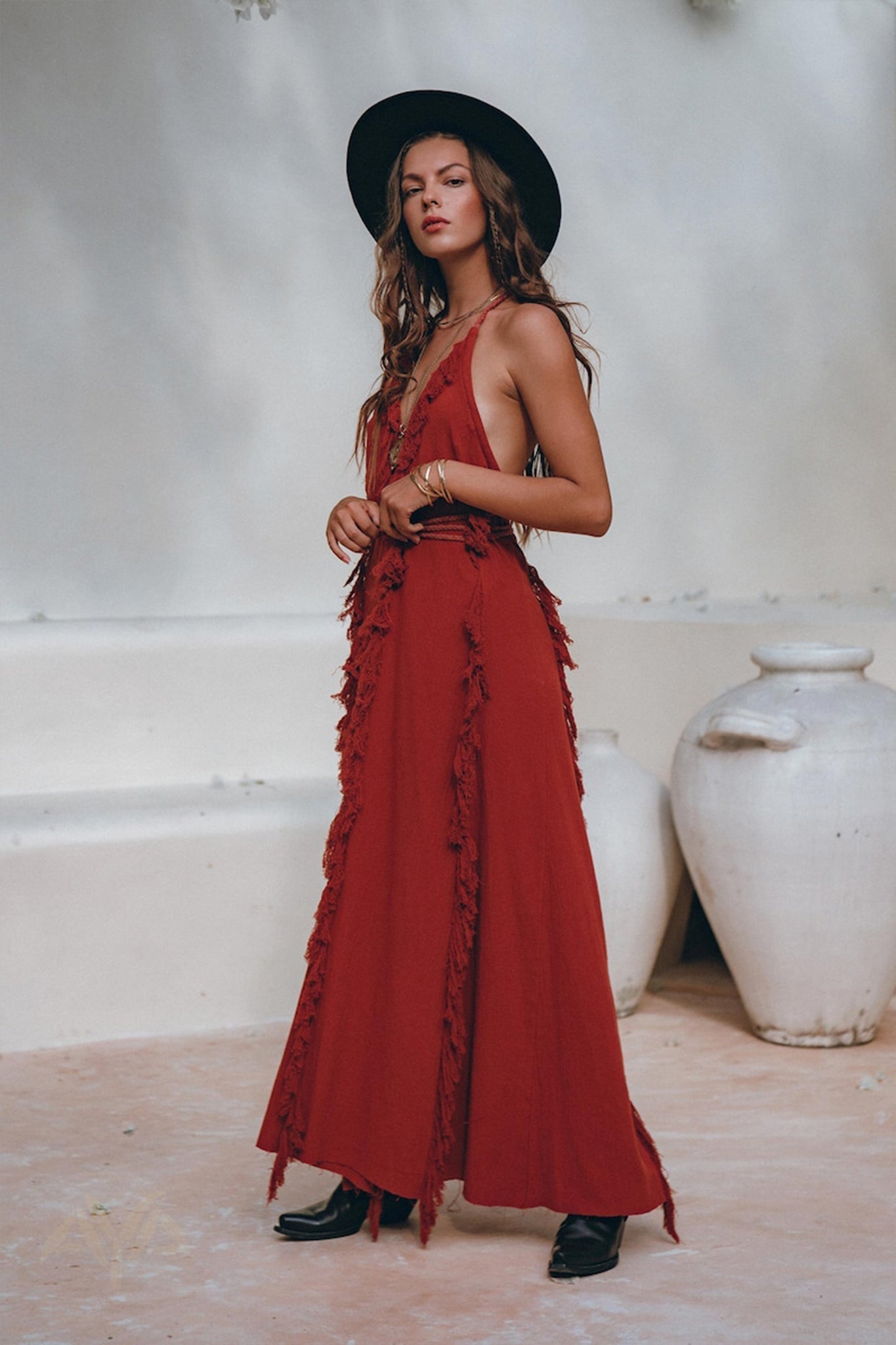 Boho Maxi Dress • Cotton Bridesmaid Dress • Red Organic Goddess Dress - AYA SW IDR