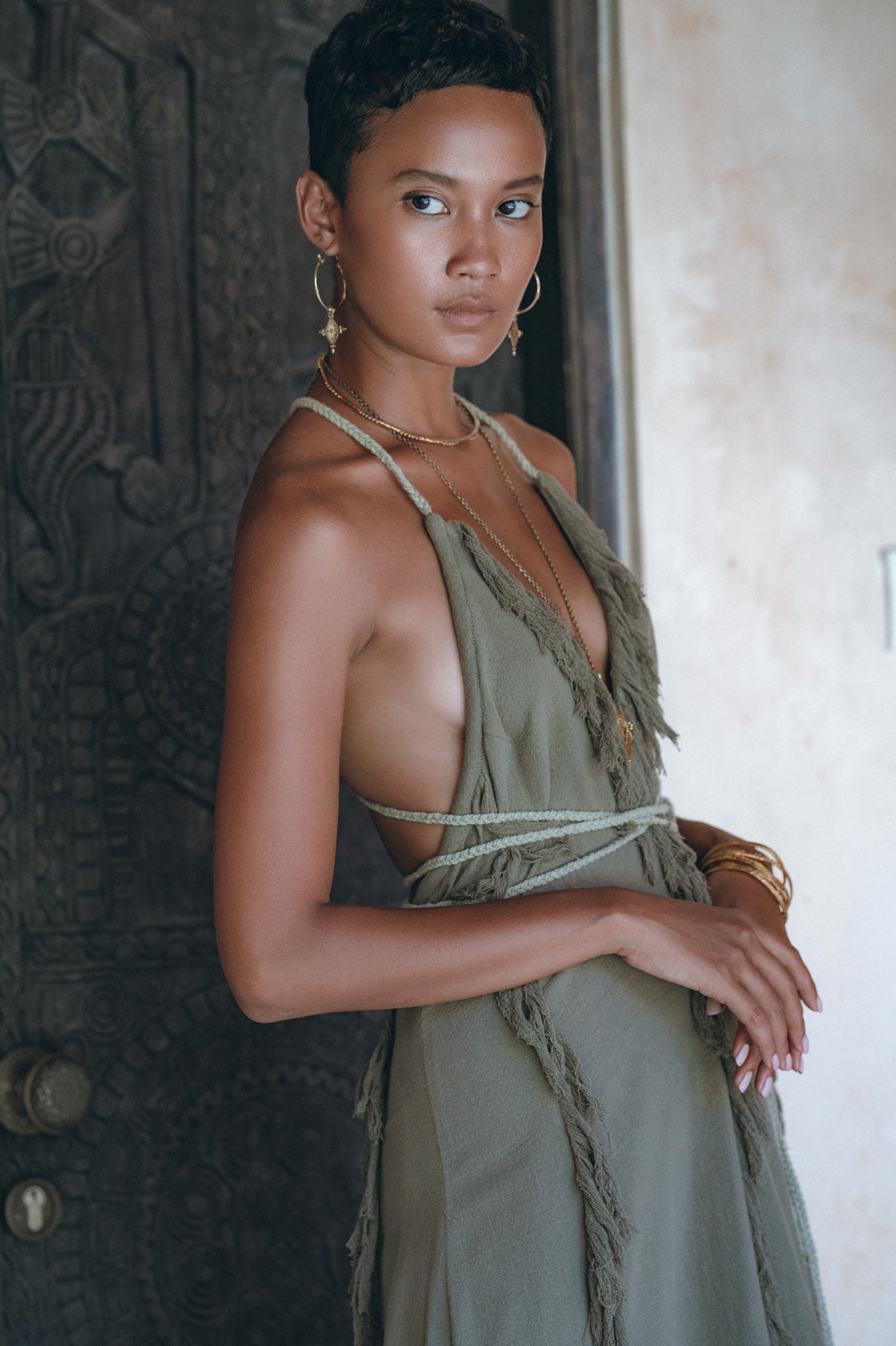 Boho Maxi Dress for Women • Organic Cotton Sage Colour Goddess Dress - AYA SW IDR