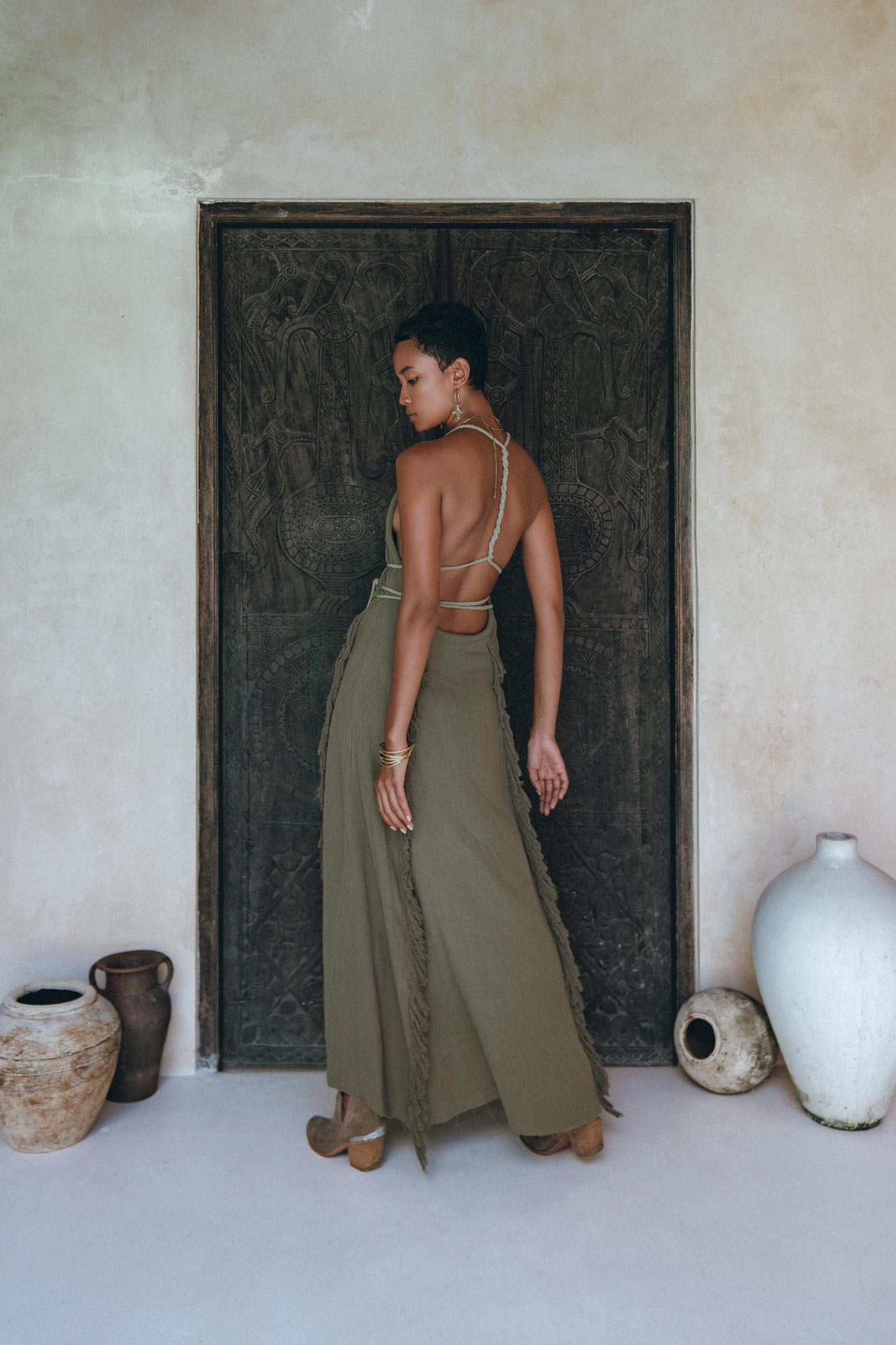 Boho Maxi Dress for Women • Organic Cotton Sage Colour Goddess Dress - AYA SW IDR