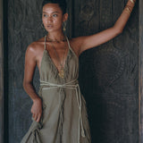 Boho Maxi Dress for Women • Organic Cotton Sage Colour Goddess Dress - AYA SW IDR