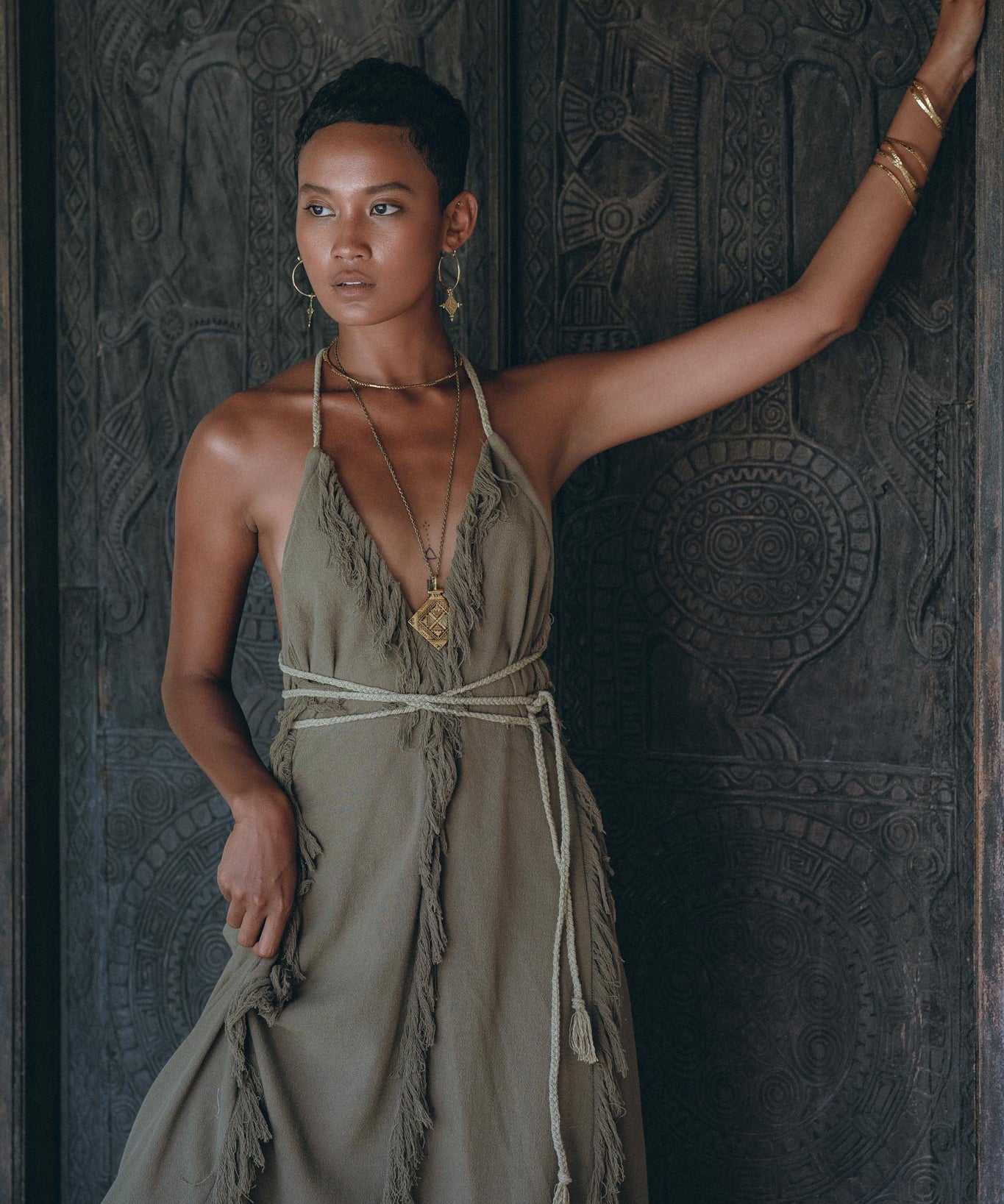 Boho Maxi Dress for Women • Organic Cotton Sage Colour Goddess Dress - AYA SW IDR