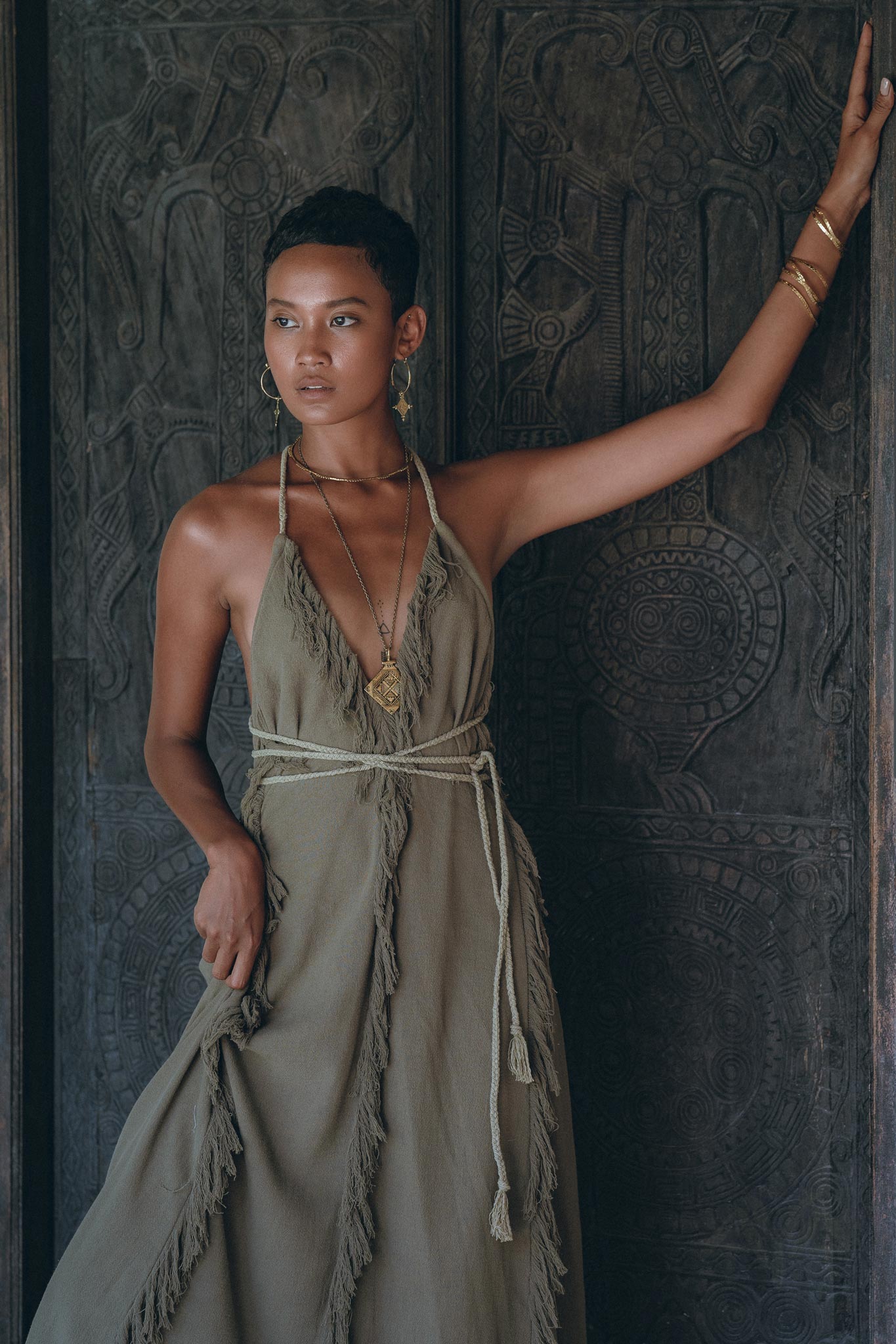 Boho Maxi Dress for Women • Organic Cotton Sage Colour Goddess Dress - AYA SW IDR