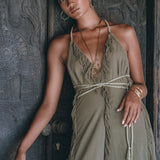 Boho Maxi Dress for Women • Organic Cotton Sage Colour Goddess Dress - AYA SW IDR