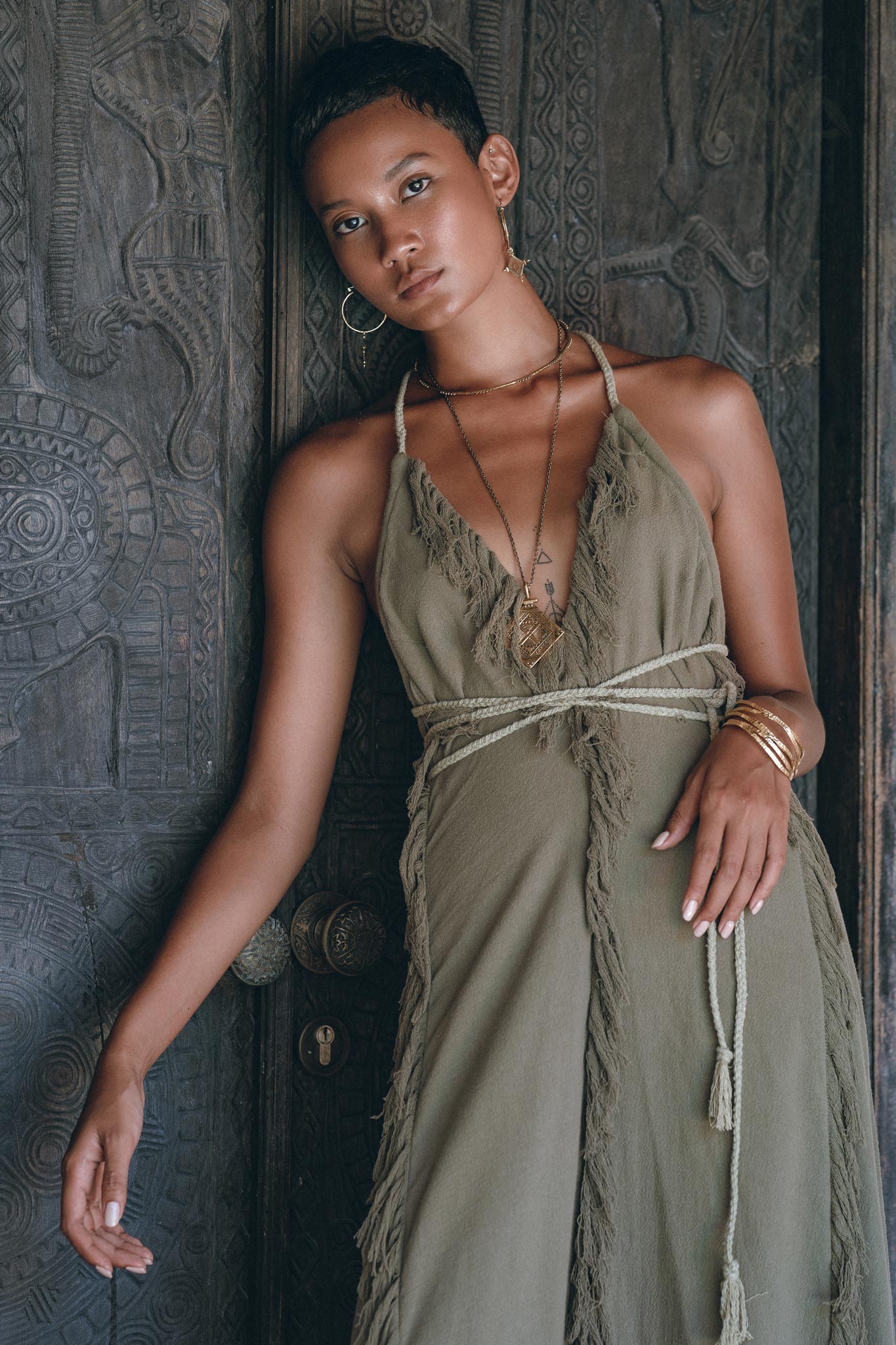 Boho Maxi Dress for Women • Organic Cotton Sage Colour Goddess Dress - AYA SW IDR