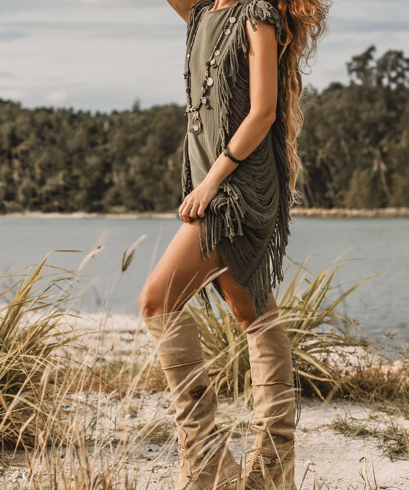 Boho Open Sides Dress • Dark Green Dress • Ladders Sides Mini Dress - AYA SW IDR