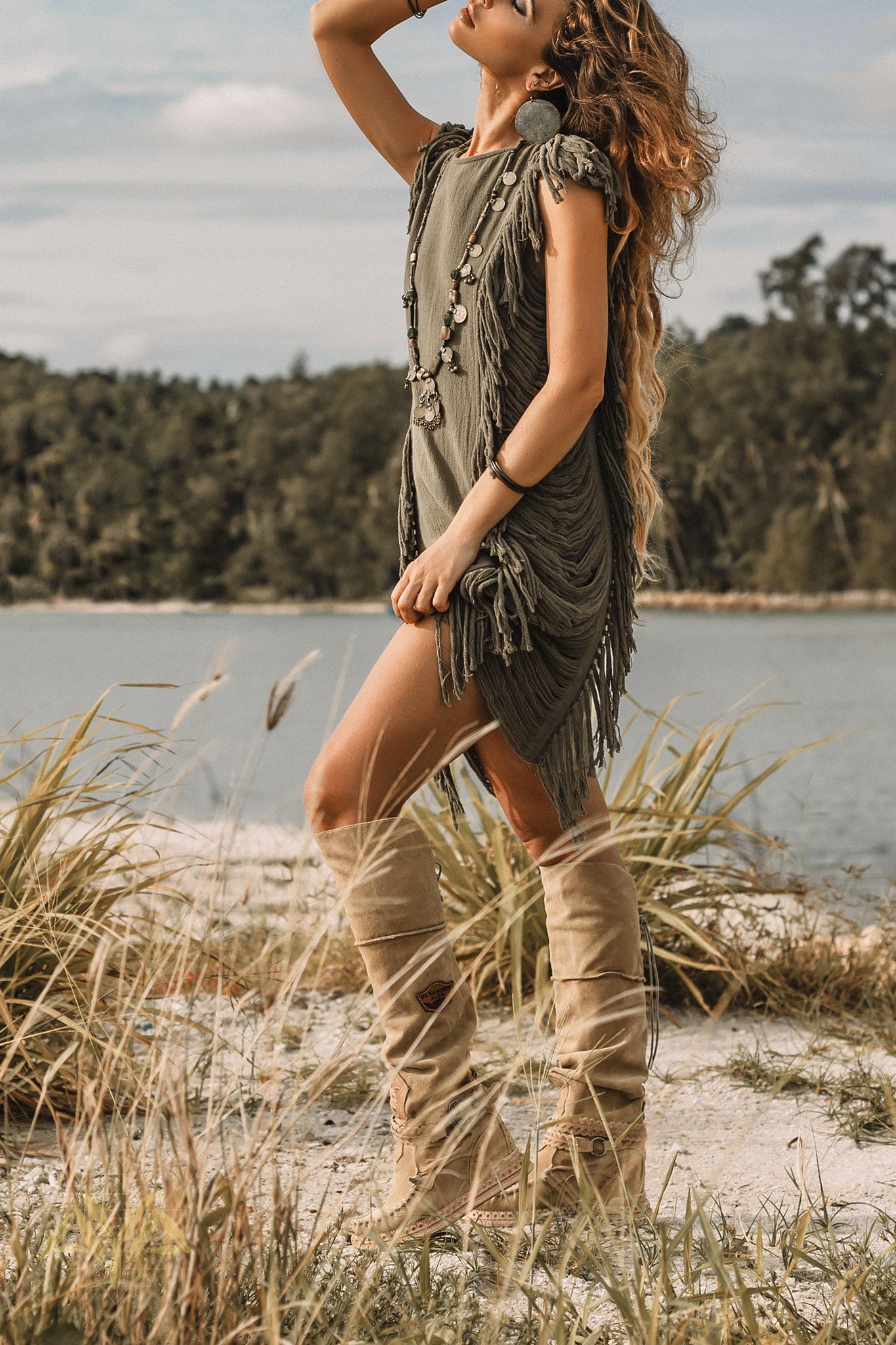Boho Open Sides Dress • Dark Green Dress • Ladders Sides Mini Dress - AYA SW IDR