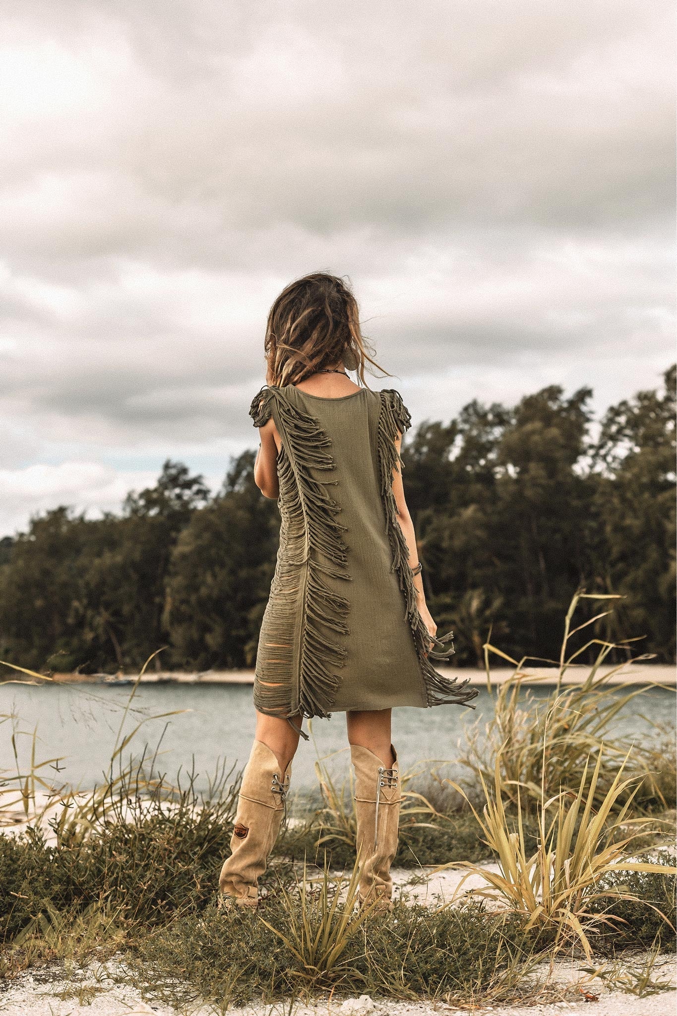 Boho Open Sides Dress • Dark Green Dress • Ladders Sides Mini Dress - AYA SW IDR