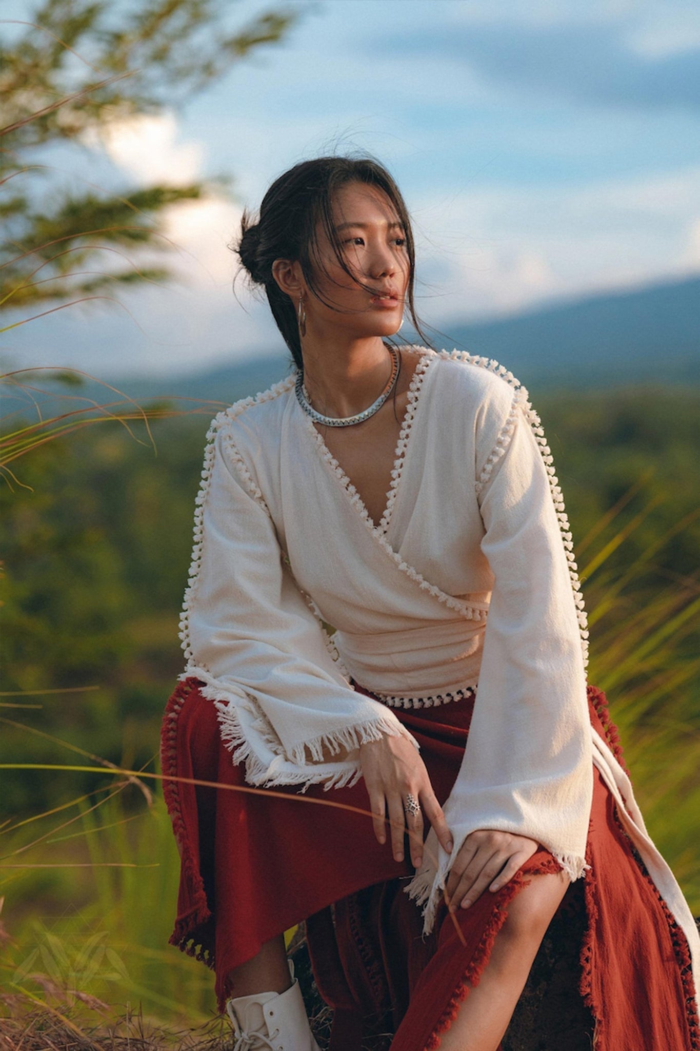 Boho Wrap Top • Organic Wide Sleeve Blouse • Bridal Goddess Top - AYA SW IDR