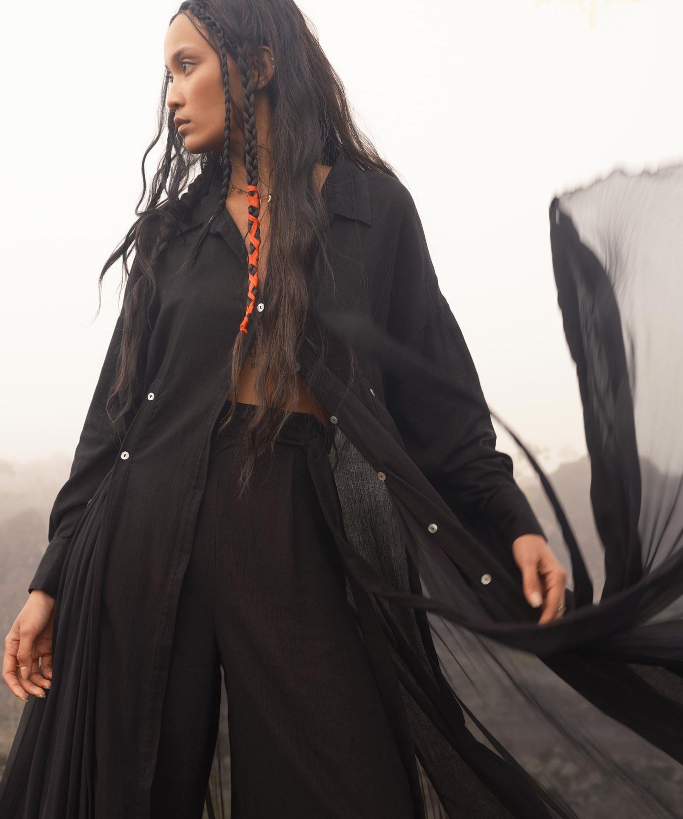 Black Gothic cover-up dress - a flowing silhouette with adjustable buttons of shells.