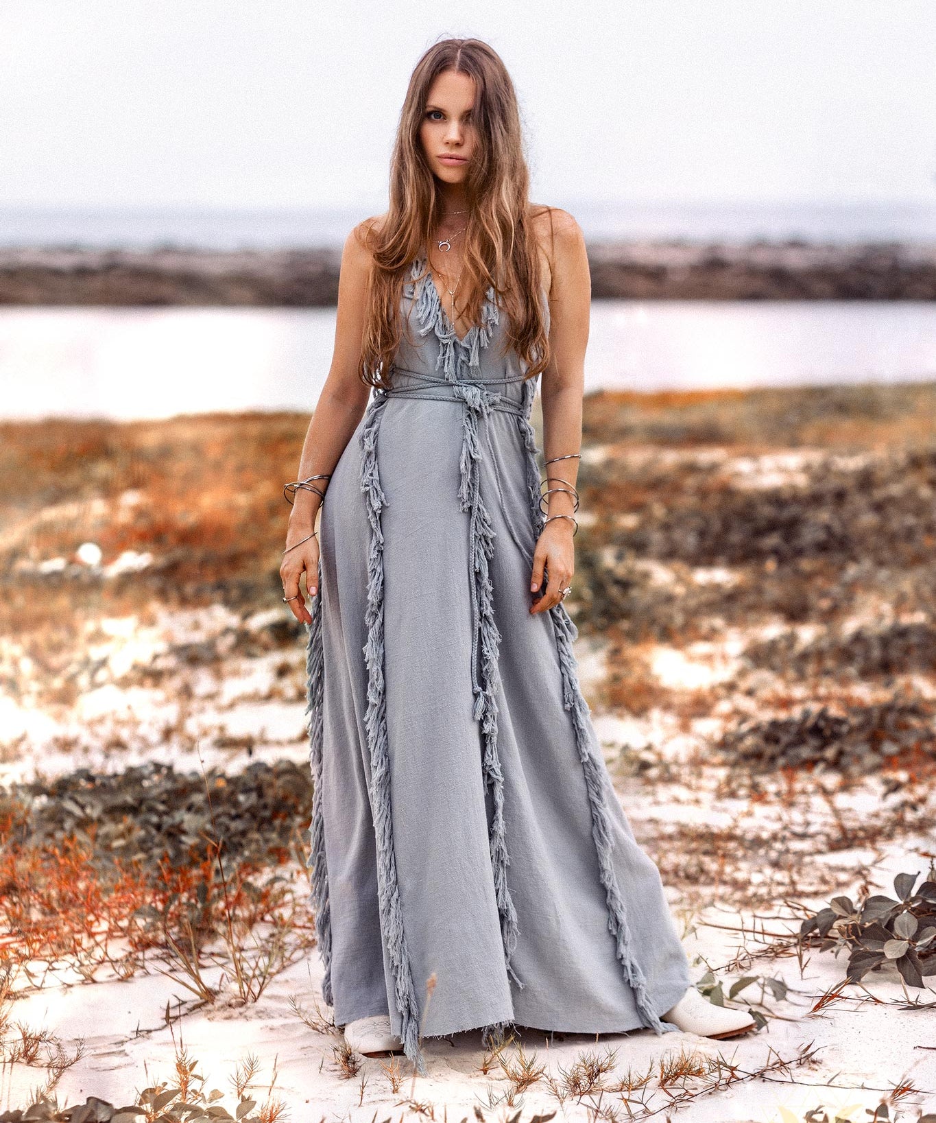 NEW! Sky Blue Tassel Dress • Organic Raw Cotton Bridesmaid Dress - AYA Sacred Wear