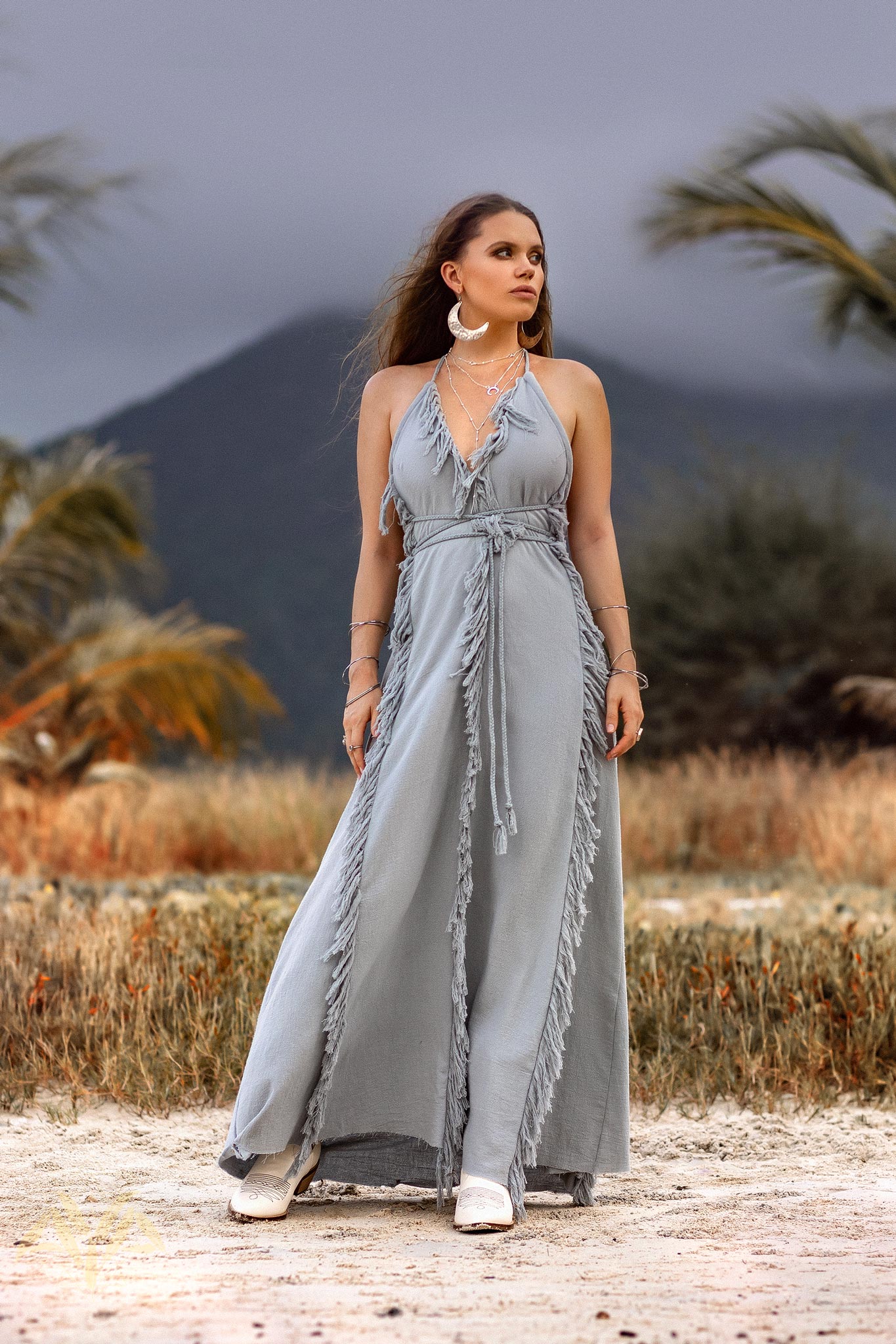 NEW! Sky Blue Tassel Dress • Organic Raw Cotton Bridesmaid Dress - AYA Sacred Wear