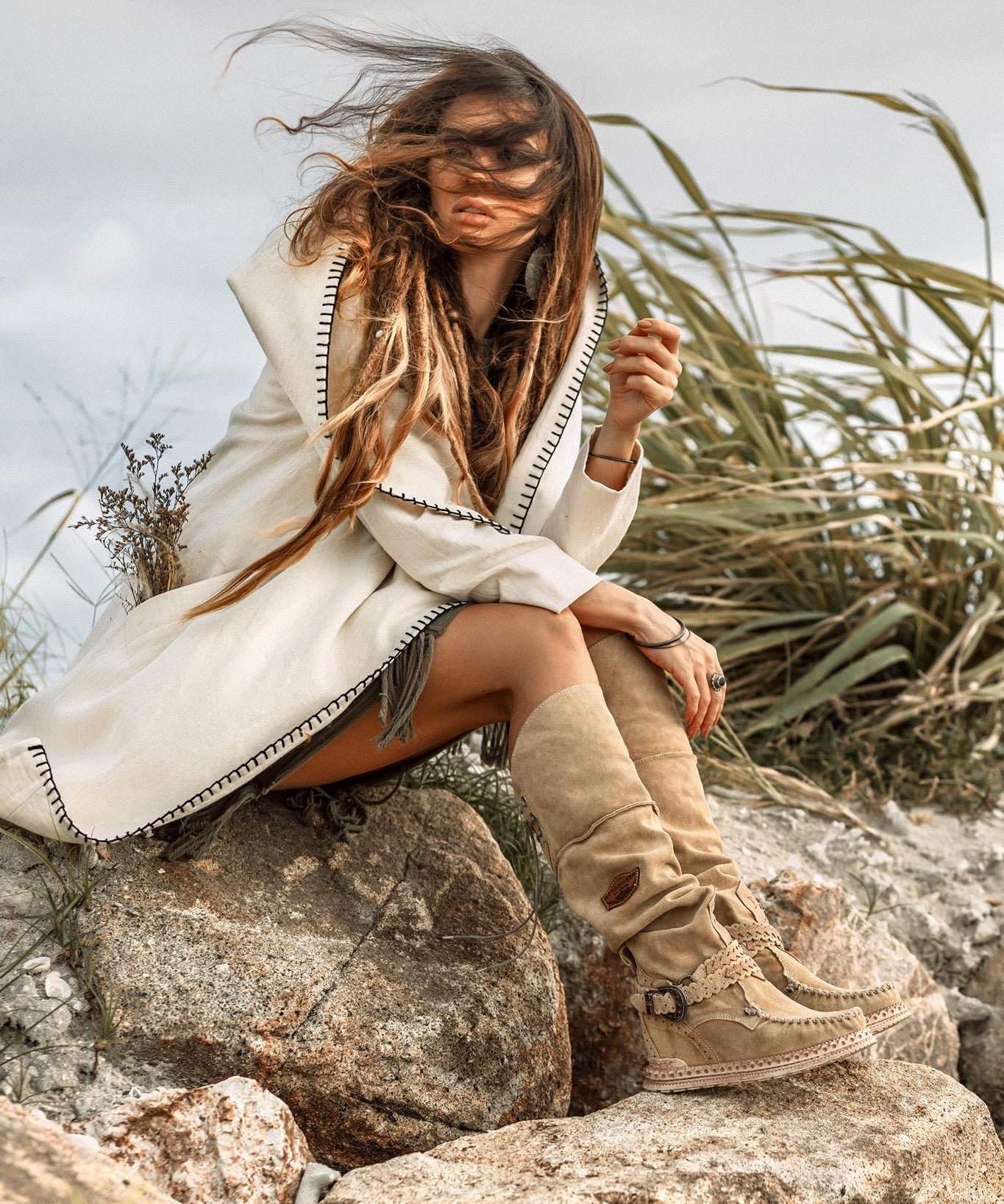 Warm Boho Hoody Cardigan for Women • Off-White Belted Wrap Cardigan by AYA Sacred Wear