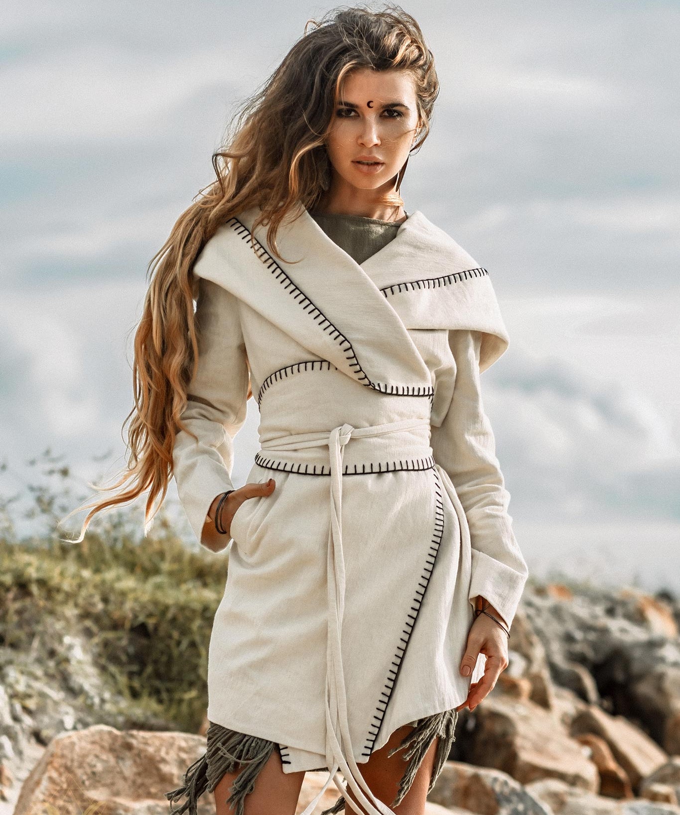 Warm Boho Hoody Cardigan for Women • Off-White Belted Wrap Cardigan by AYA Sacred Wear