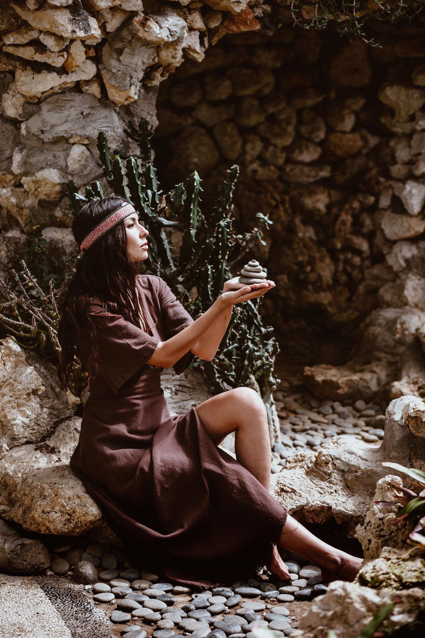 Brown Organic Cotton Boho Dress with Half Sleeves - AYA SW IDR