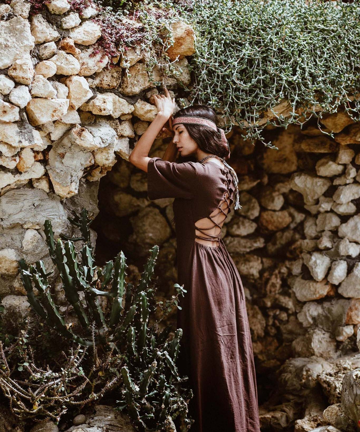 Brown Organic Cotton Boho Dress with Half Sleeves - AYA SW IDR