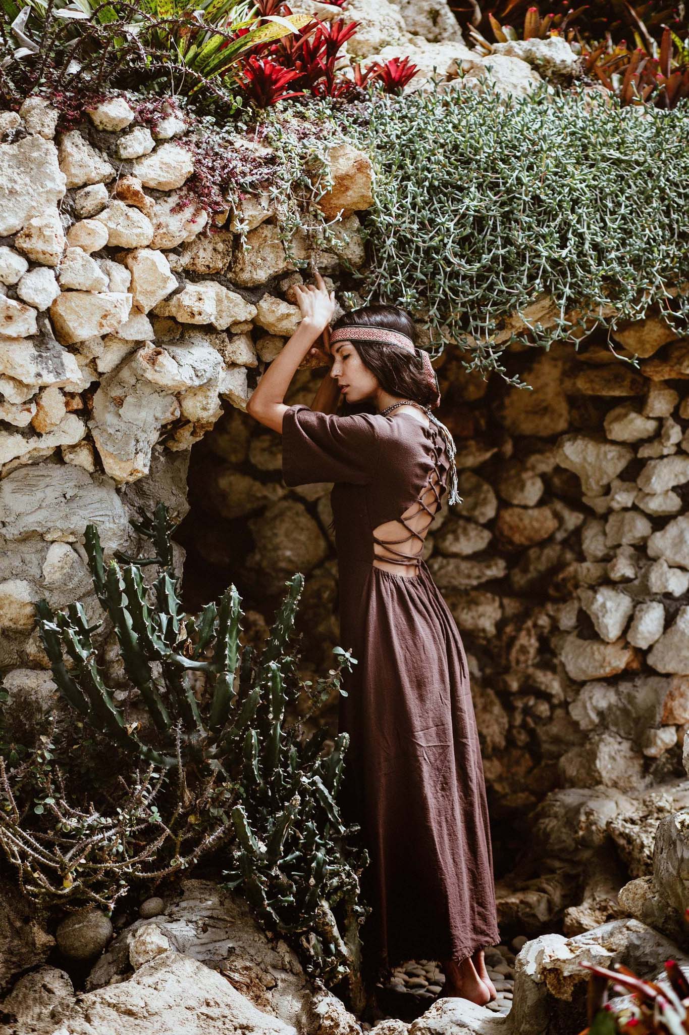 Brown Organic Cotton Boho Dress with Half Sleeves - AYA SW IDR