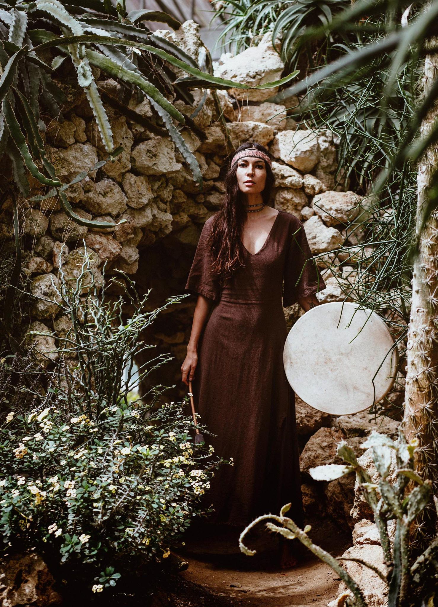 Brown Organic Cotton Boho Dress with Half Sleeves - AYA SW IDR