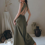 Cotton Boho Long Maxi Dress • Open Back Elegant Dress • Green Bridesmaid Dress - AYA SW IDR