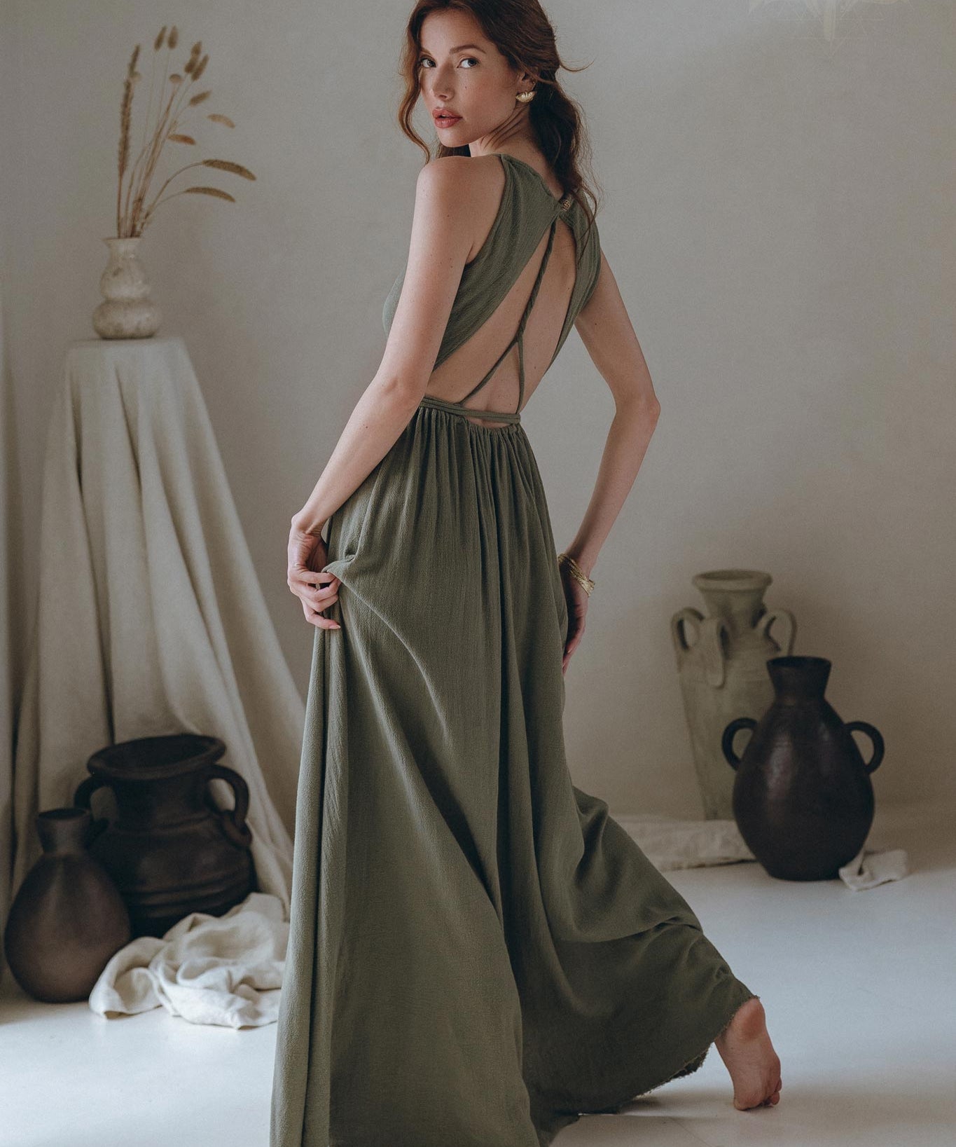 Cotton Boho Long Maxi Dress • Open Back Elegant Dress • Green Bridesmaid Dress - AYA SW IDR