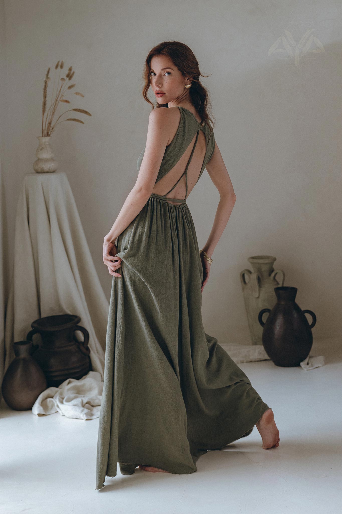 Cotton Boho Long Maxi Dress • Open Back Elegant Dress • Green Bridesmaid Dress - AYA SW IDR