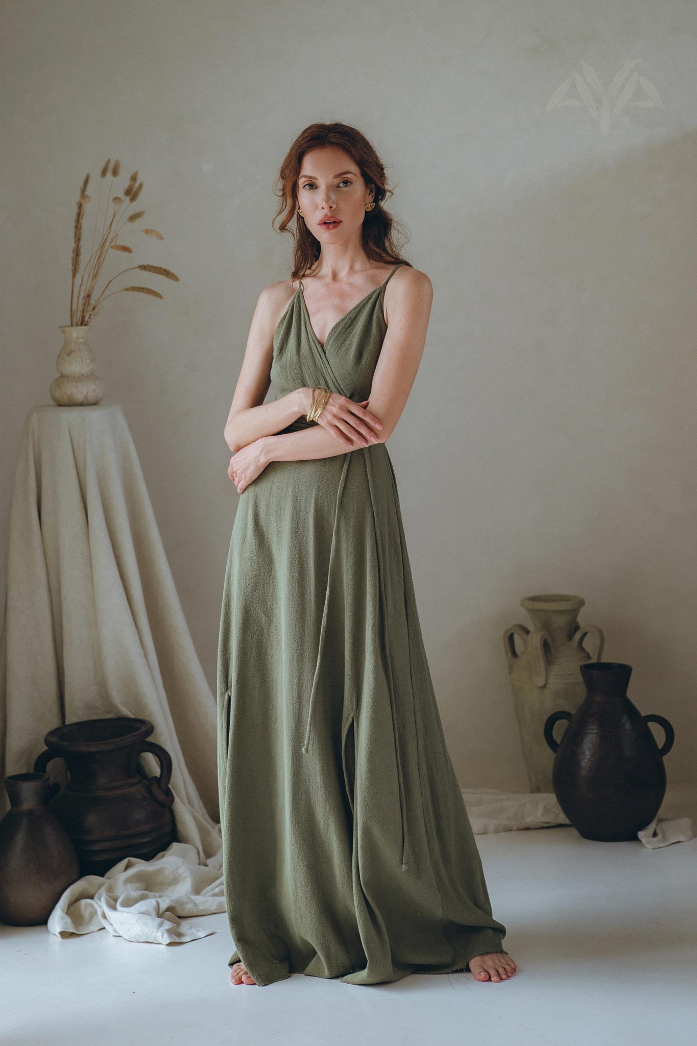 Cotton Boho Long Maxi Dress • Open Back Elegant Dress • Green Bridesmaid Dress - AYA SW IDR