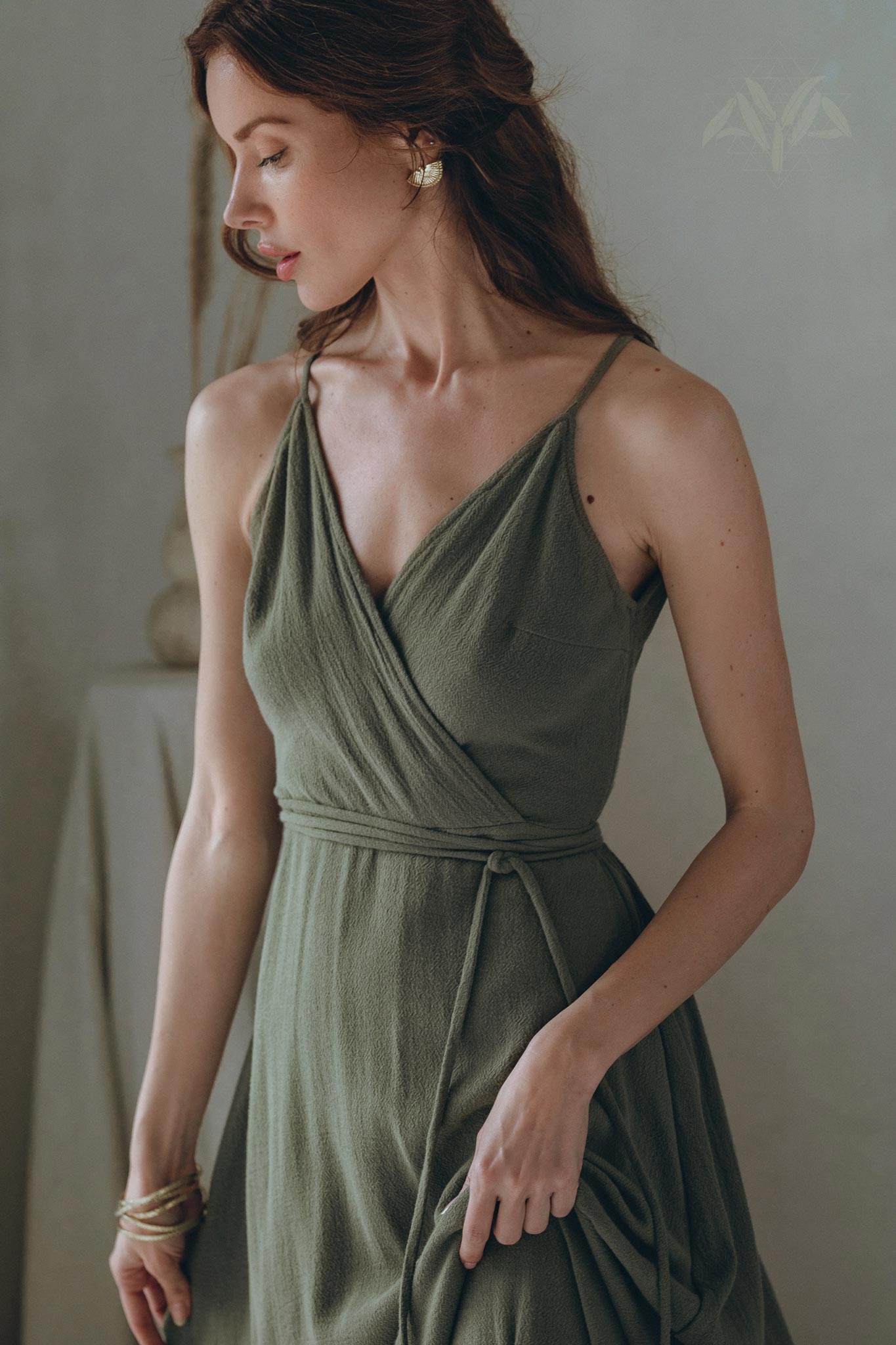 Cotton Boho Long Maxi Dress • Open Back Elegant Dress • Green Bridesmaid Dress - AYA SW IDR