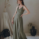 Cotton Boho Long Maxi Dress • Open Back Elegant Dress • Green Bridesmaid Dress - AYA SW IDR