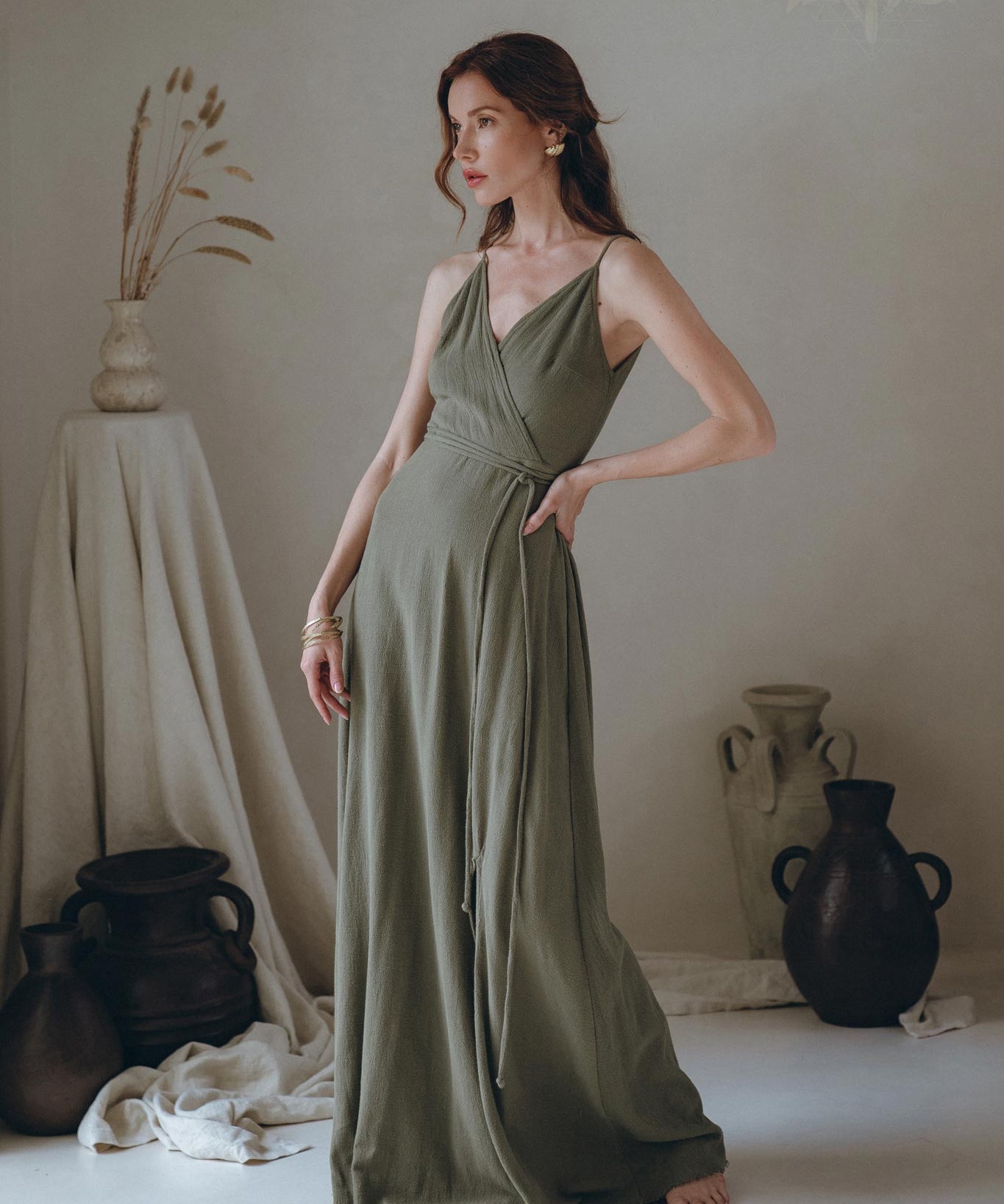Cotton Boho Long Maxi Dress • Open Back Elegant Dress • Green Bridesmaid Dress - AYA SW IDR