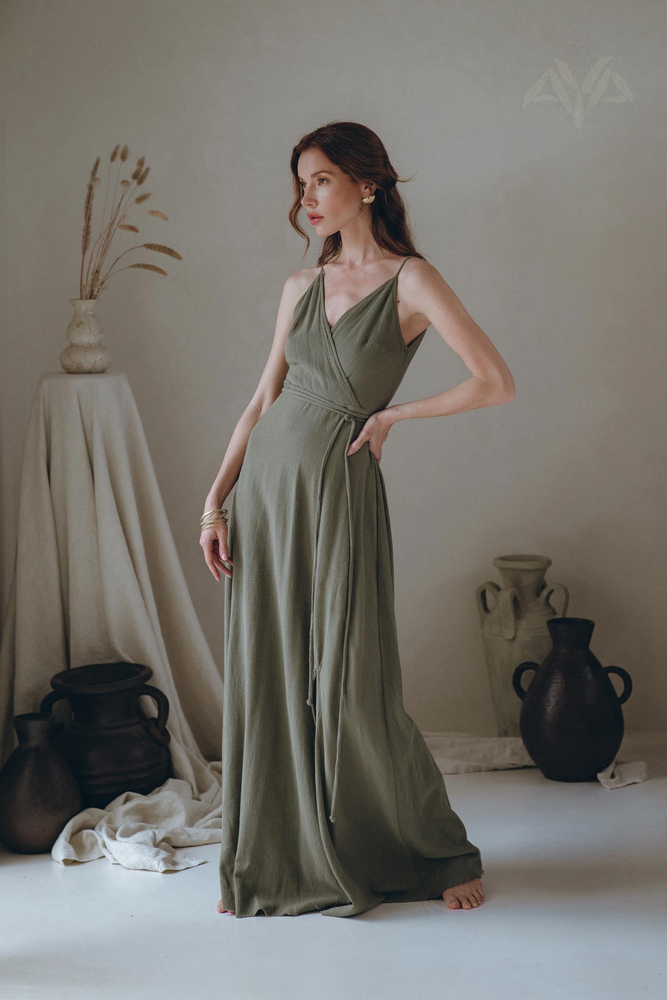Cotton Boho Long Maxi Dress • Open Back Elegant Dress • Green Bridesmaid Dress - AYA SW IDR