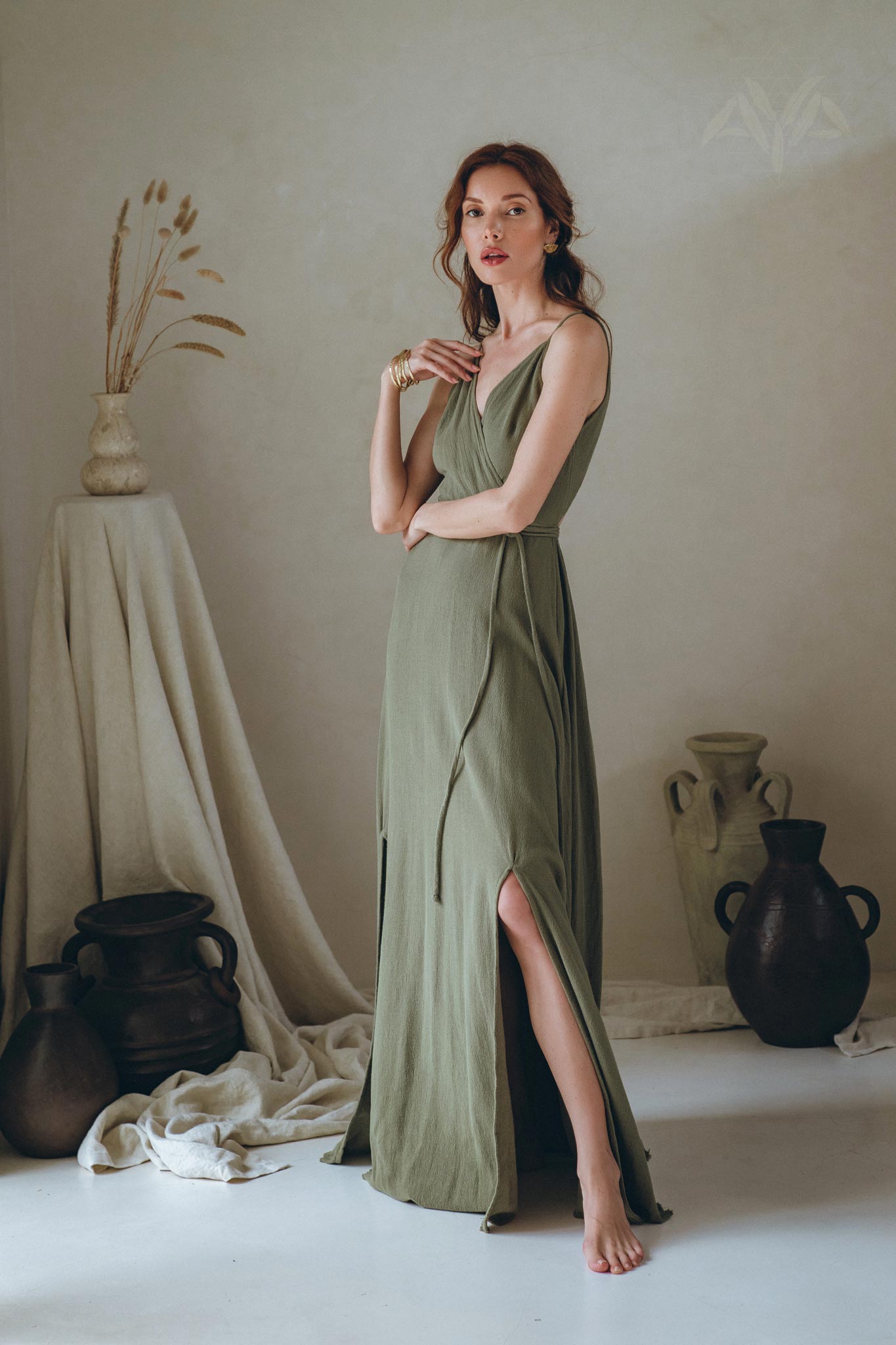 Cotton Boho Long Maxi Dress • Open Back Elegant Dress • Green Bridesmaid Dress - AYA SW IDR