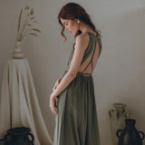 Cotton Boho Long Maxi Dress • Open Back Elegant Dress • Green Bridesmaid Dress - AYA SW IDR