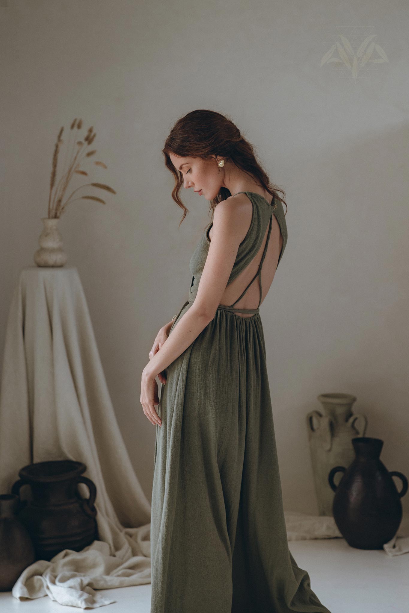 Cotton Boho Long Maxi Dress • Open Back Elegant Dress • Green Bridesmaid Dress - AYA SW IDR