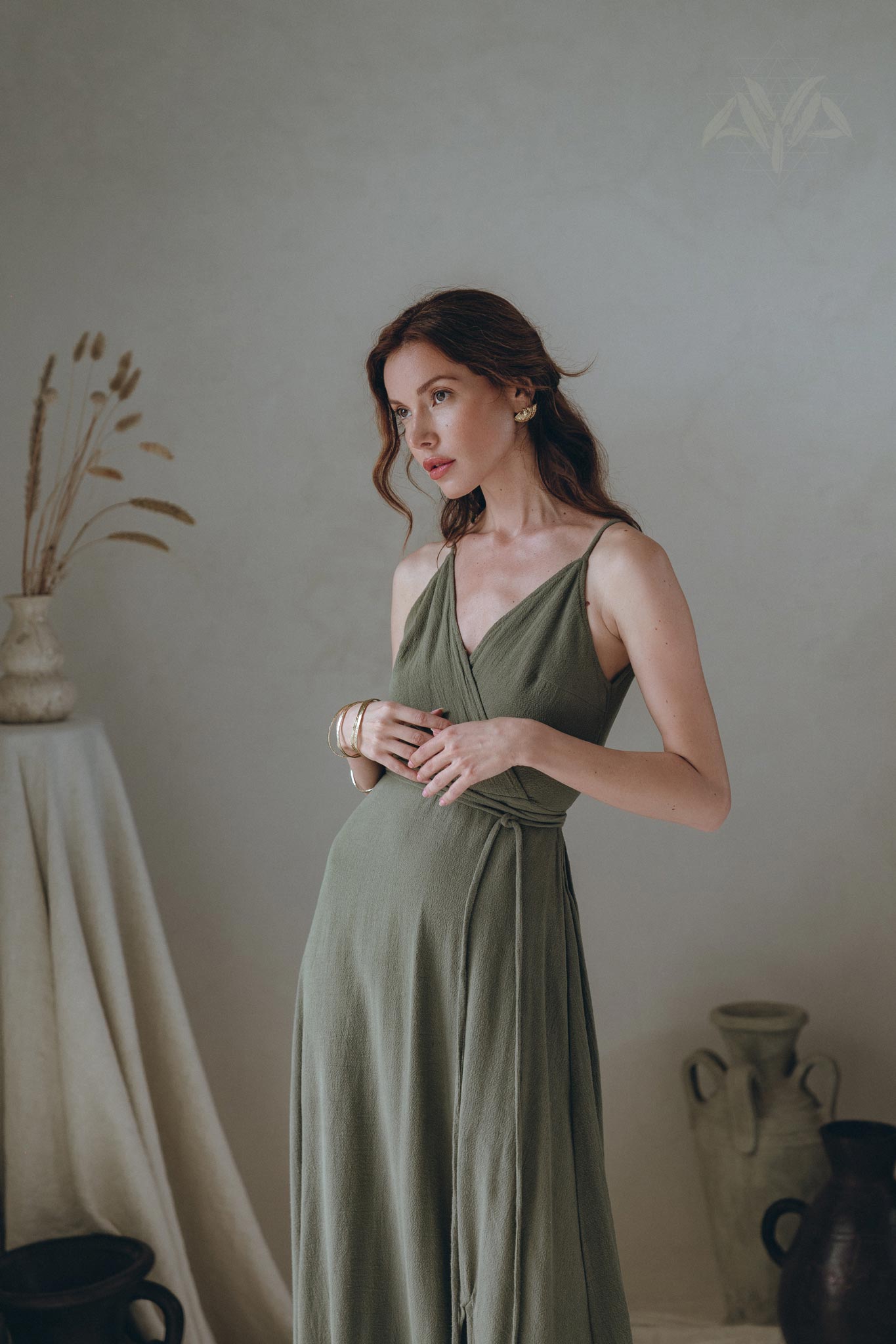 Cotton Boho Long Maxi Dress • Open Back Elegant Dress • Green Bridesmaid Dress - AYA SW IDR