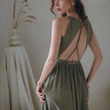 Cotton Boho Long Maxi Dress • Open Back Elegant Dress • Green Bridesmaid Dress - AYA SW IDR