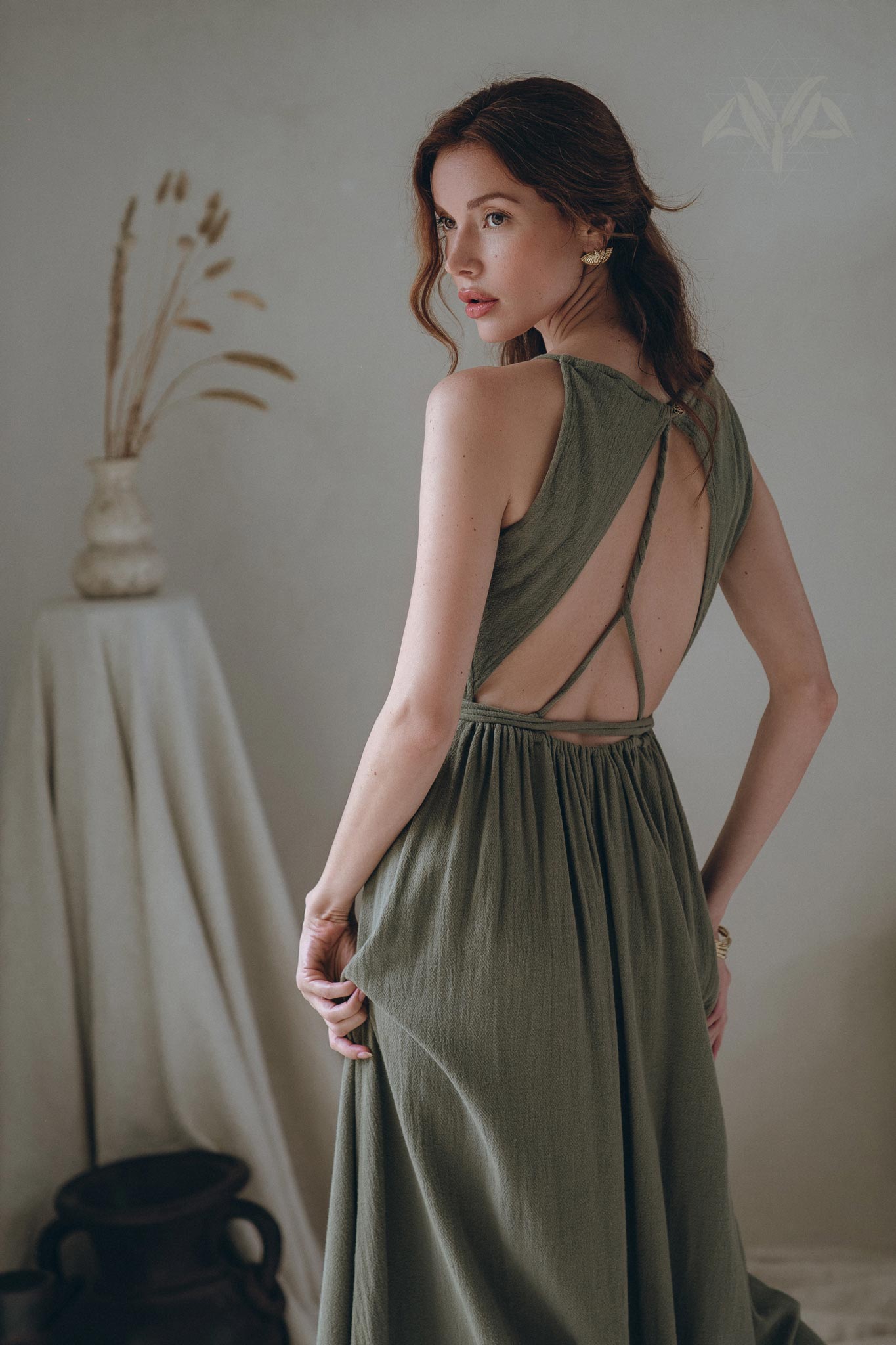 Cotton Boho Long Maxi Dress • Open Back Elegant Dress • Green Bridesmaid Dress - AYA SW IDR
