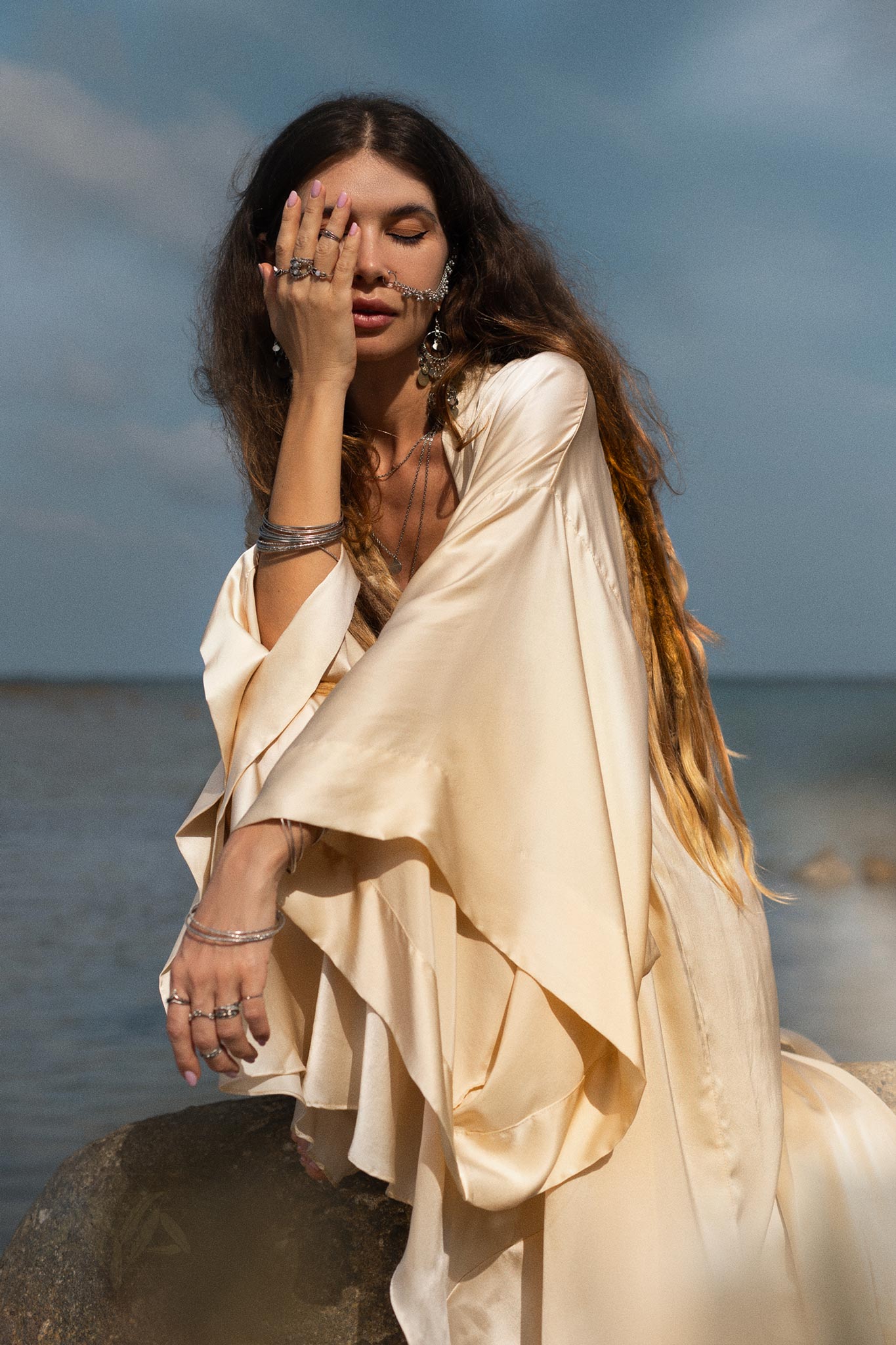 Cream Silk Kimono Cover Up • Wide Sleeve Bohemian Cardigan - AYA SW IDR